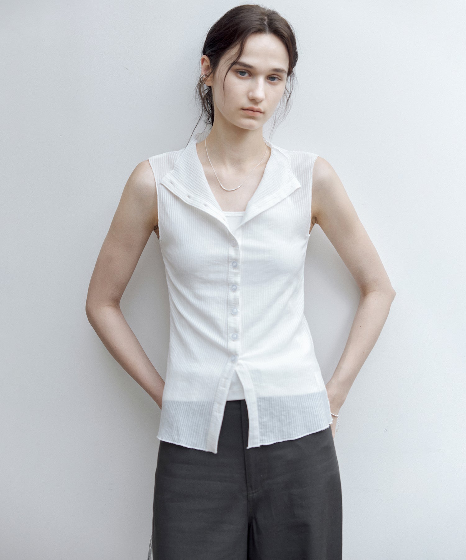 Lyocell Blend Sheer Stripe Sleeveless Cardigan