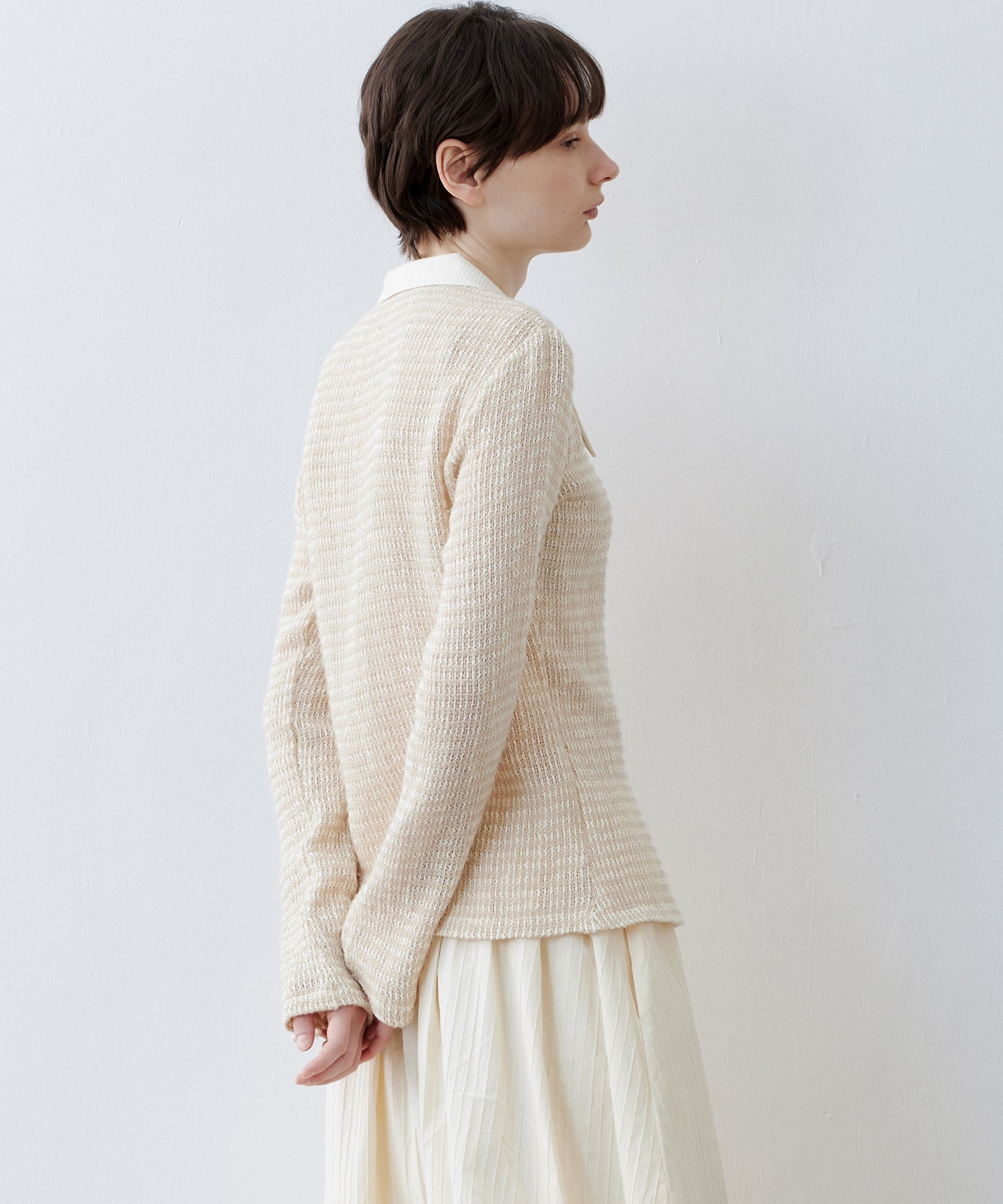 Two-Tone Openwork Knit Shirt Blouse