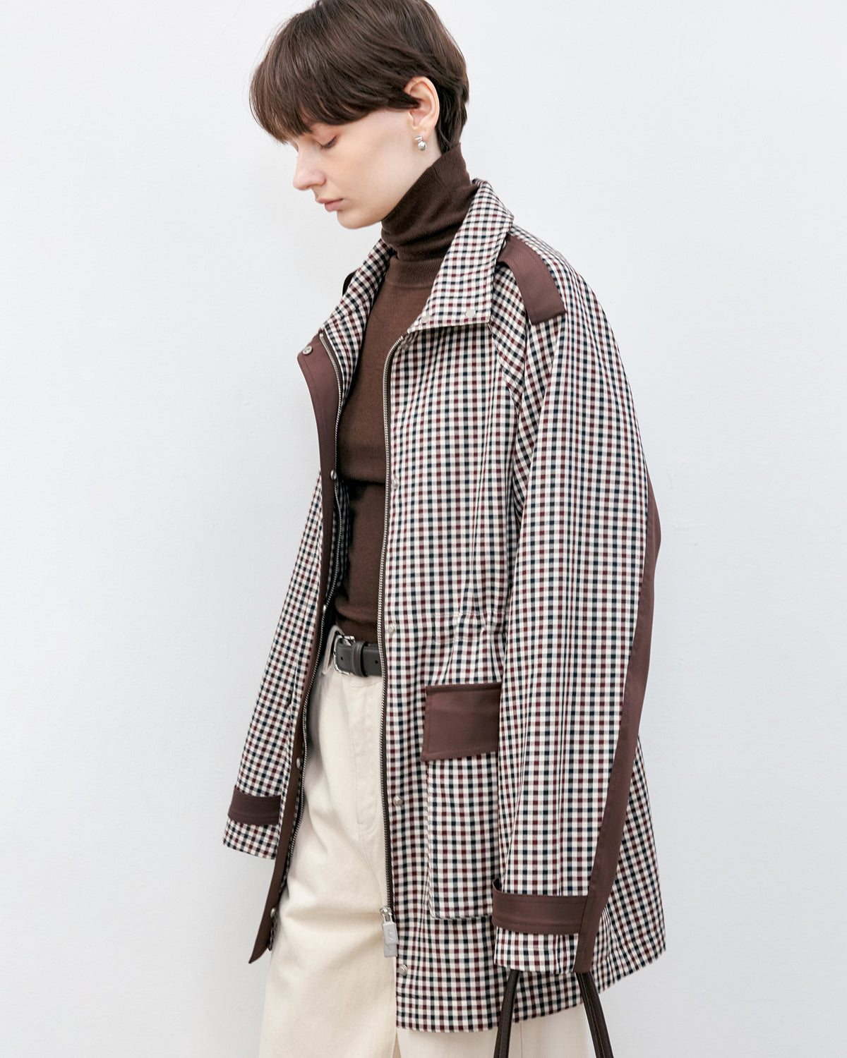 Contrast Panel Checkered Mid-Length Jacket