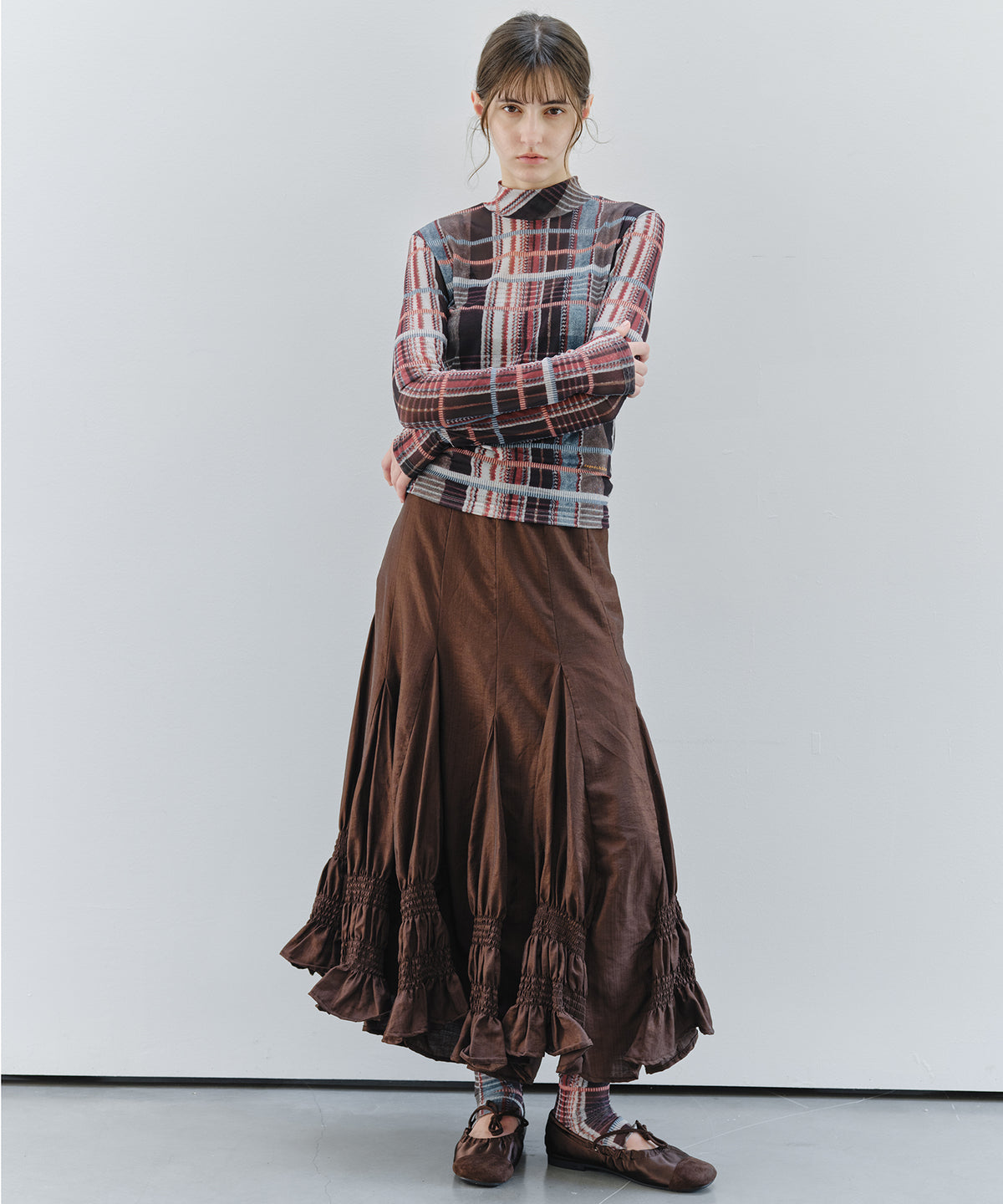 「9月下旬出荷予定」Vintage Check Sheer High Neck Top