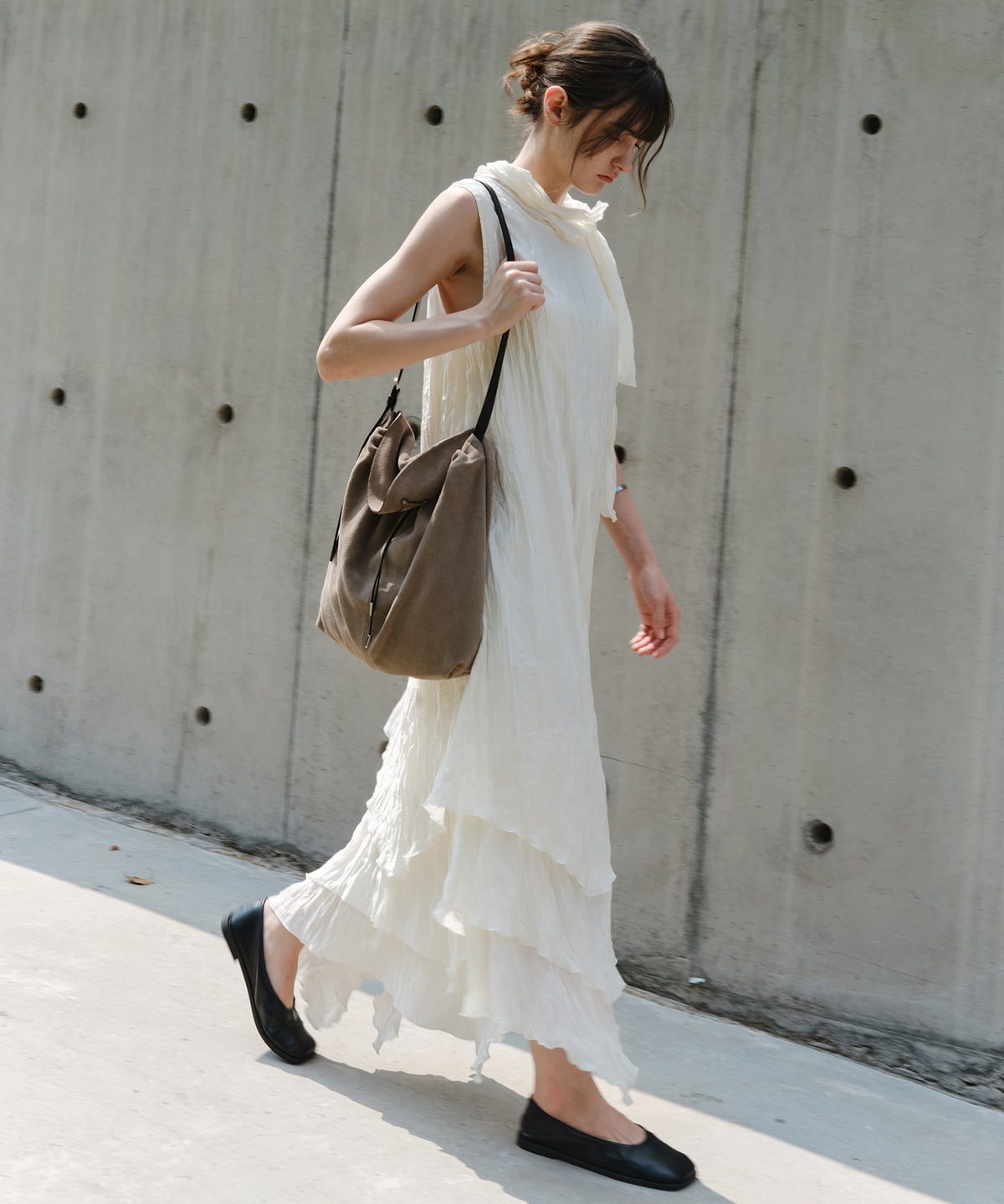 「9月下旬出荷予定」Washed Texture Scarf Collar Layered Dress