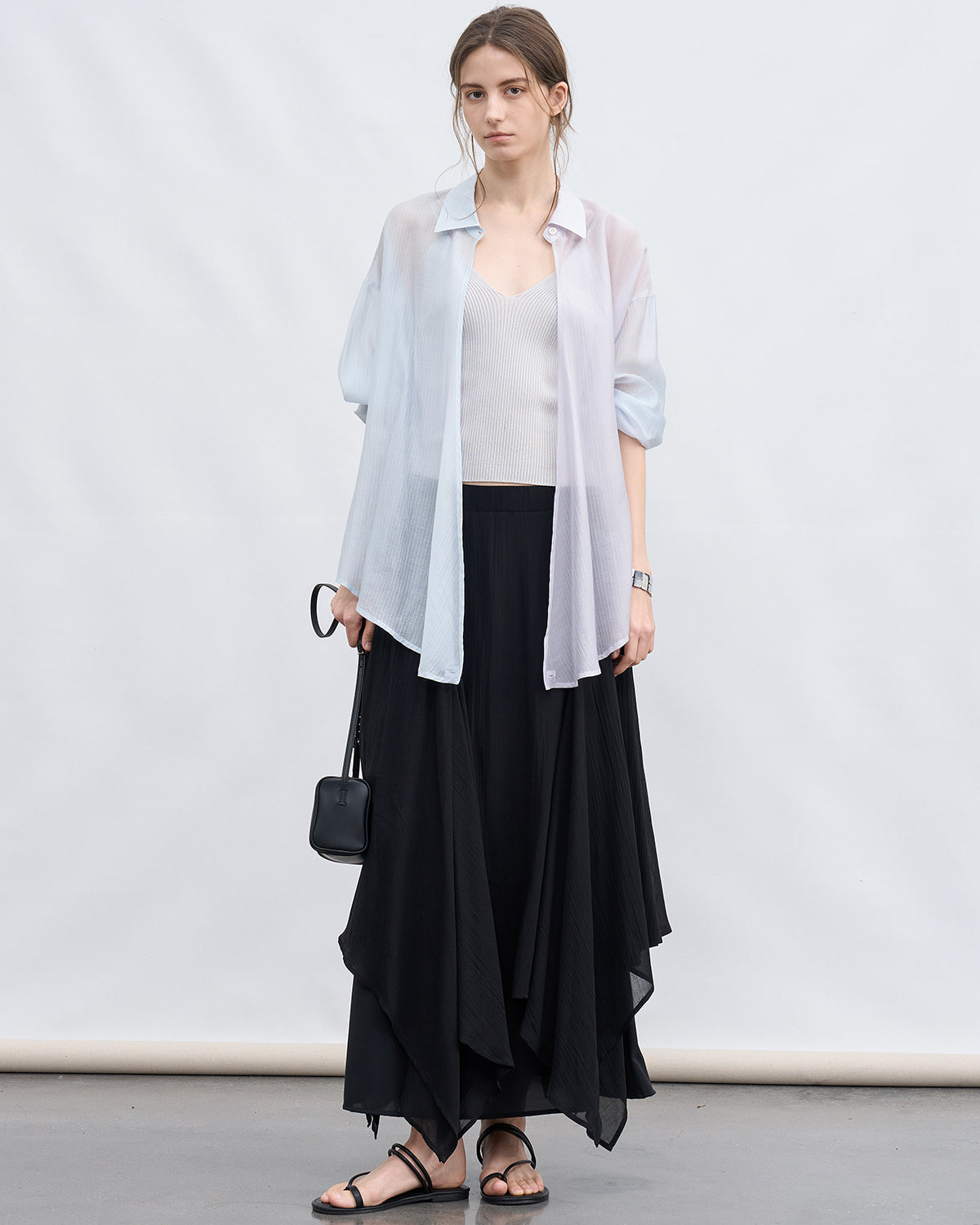 Bi-color Asymmetric Neck Sheer Shirt