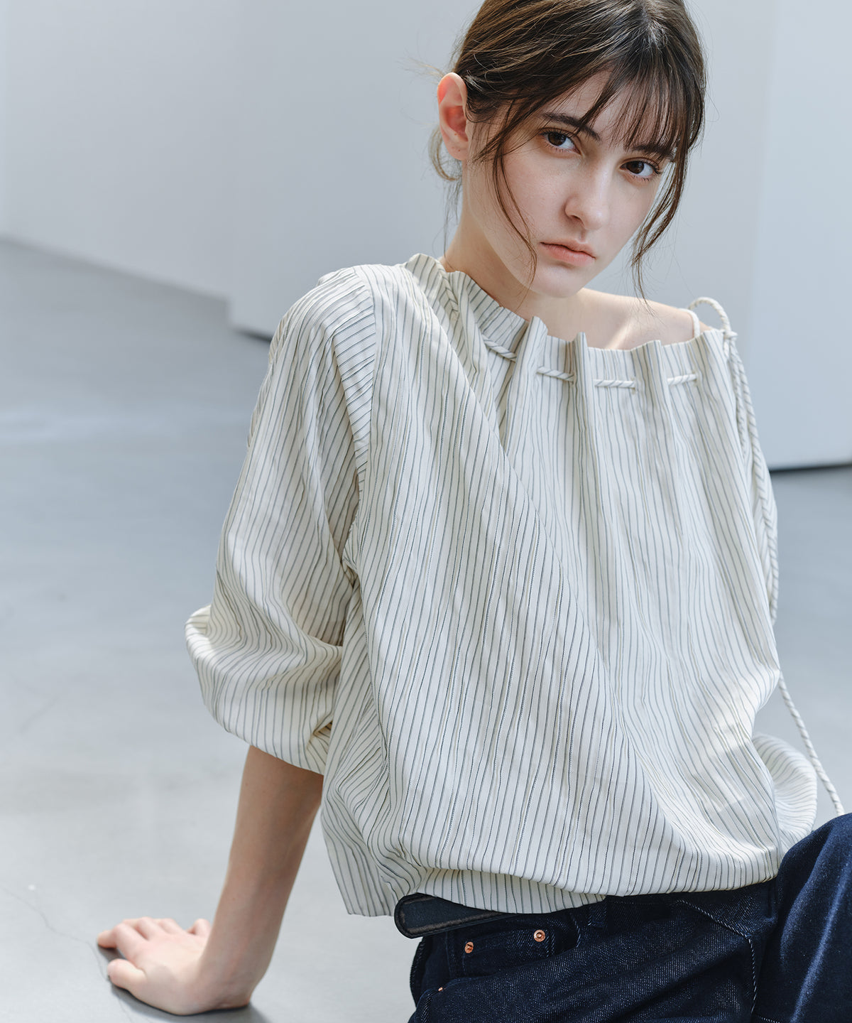 Asymmetric Off-Shoulder Drawstring Stripe Blouse