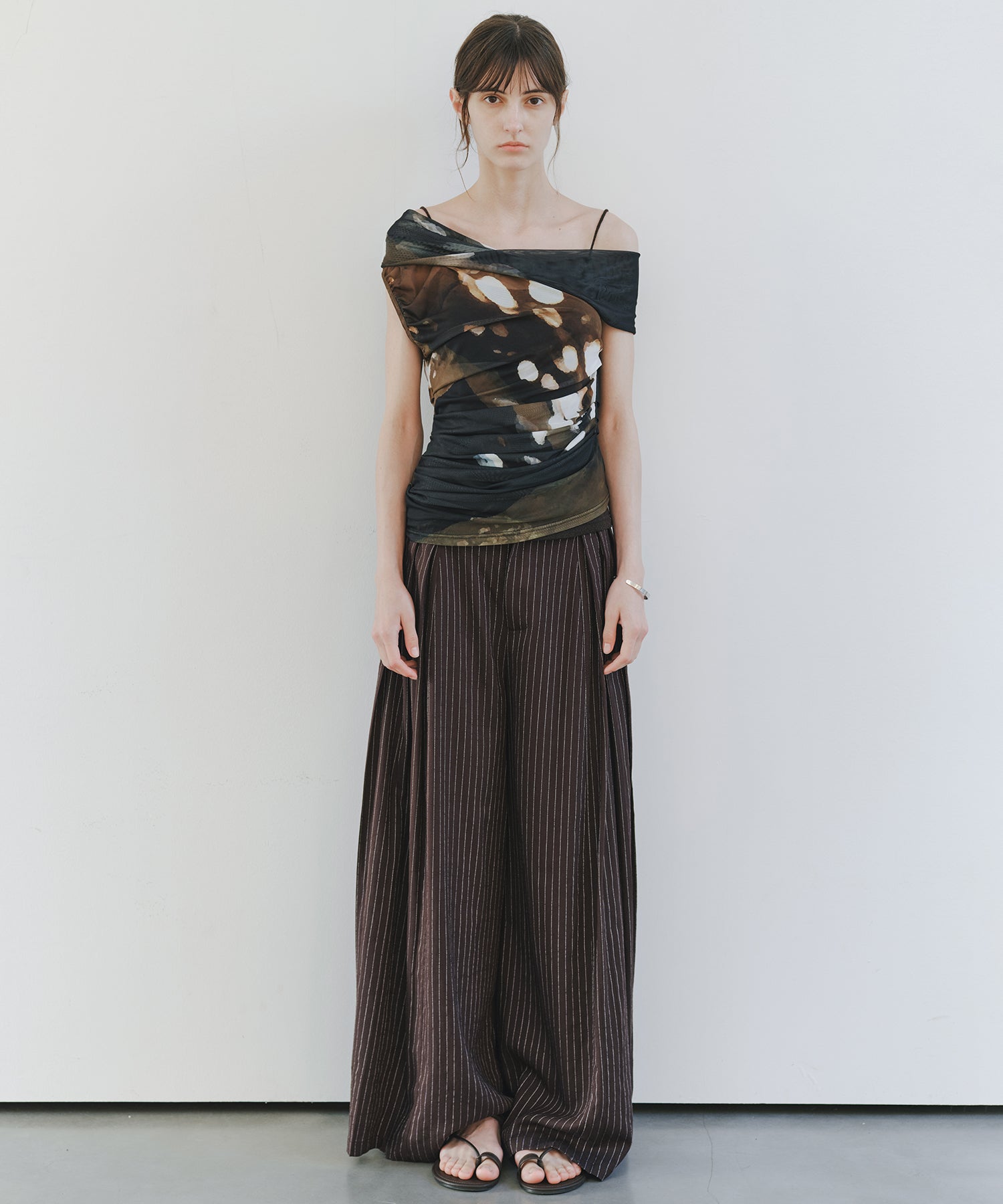 「7月中旬~下旬出荷」Linen Blend Striped Pleated Wide Pants