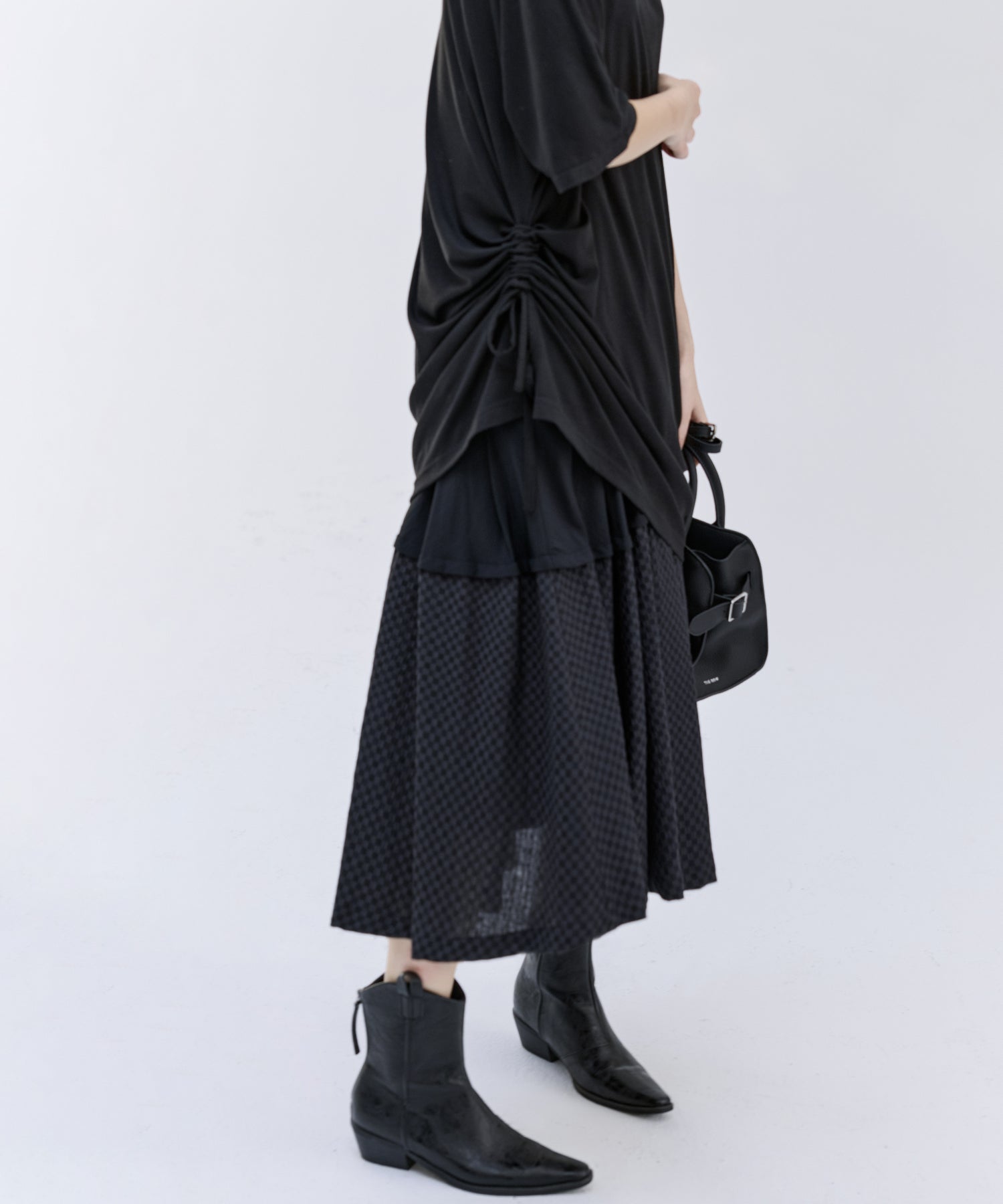 Mixed-Material Gathered V-Neck Flare Dress