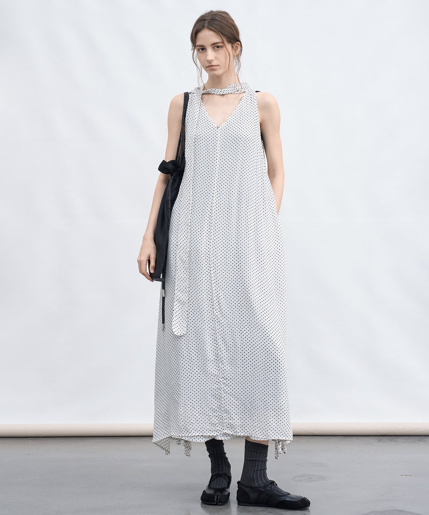 Dot Scarf Detail V-Neck Dress
