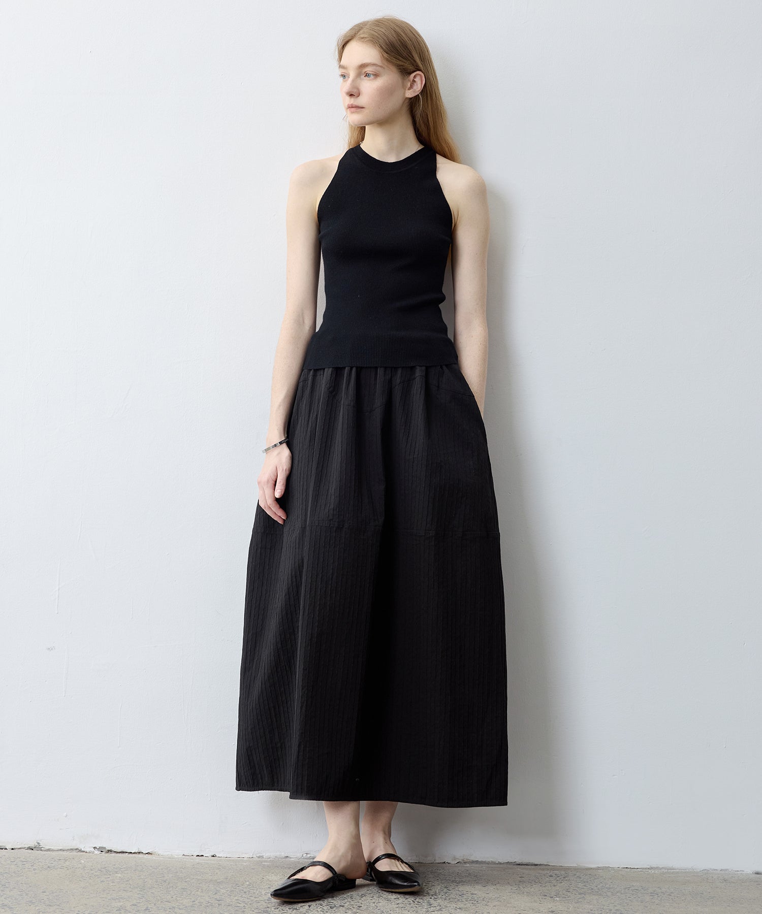 Textured Stripe Semi-Balloon Long Skirt