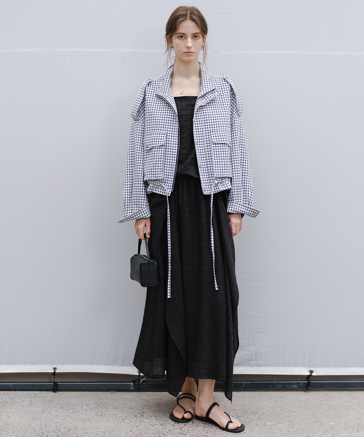 "Shipping late February to early March" Stand Collar Check Drawstring Jacket