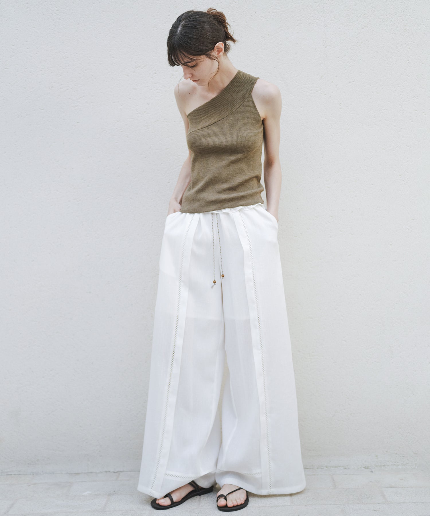 「8月中旬~下旬出荷」Front Lace Linen Blend Wide Pants