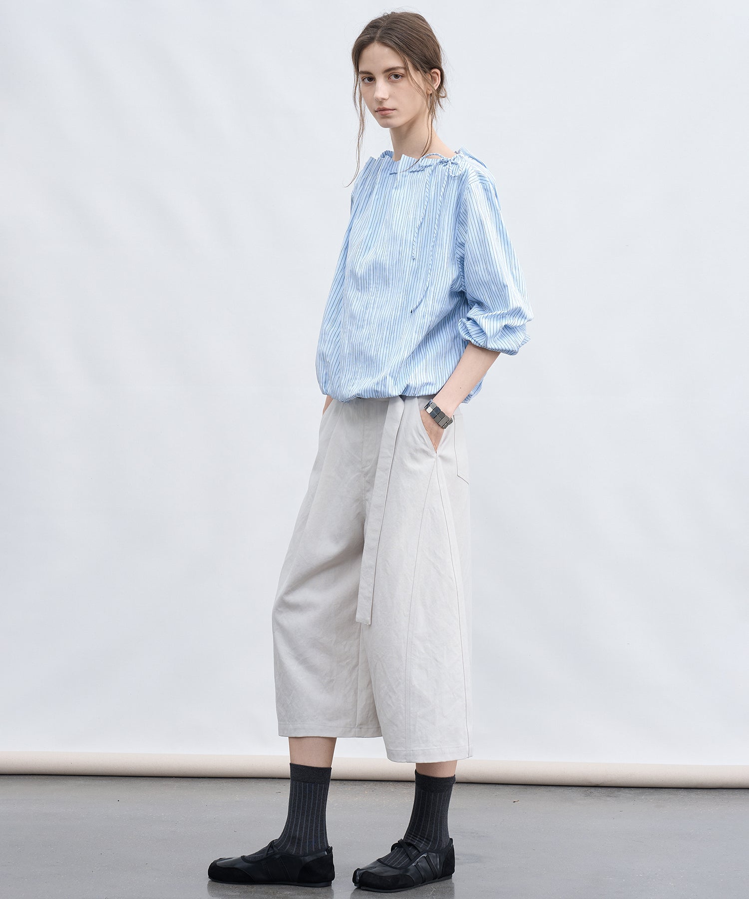 Asymmetric Off-Shoulder Drawstring Stripe Blouse