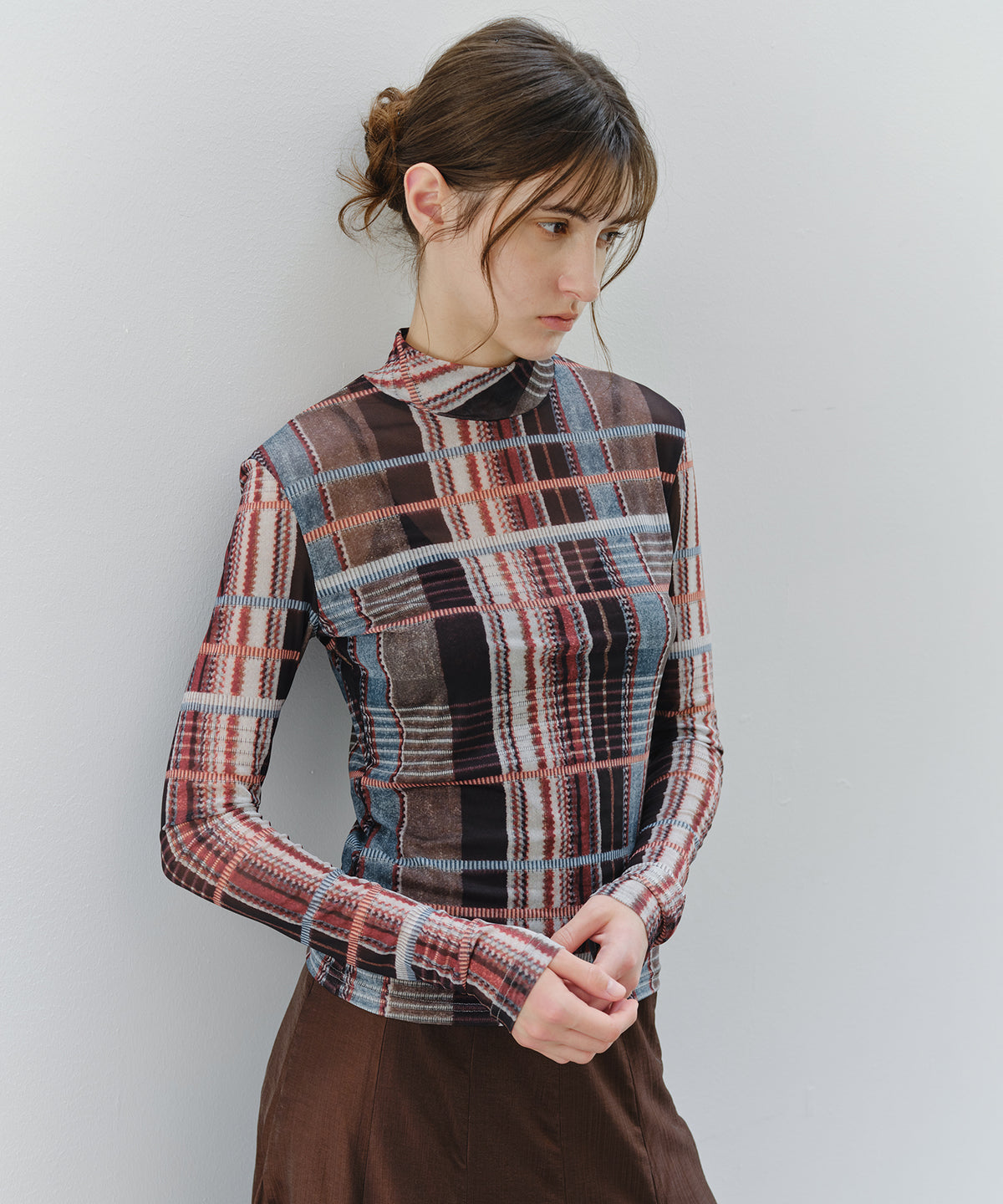 「9月下旬出荷予定」Vintage Check Sheer High Neck Top