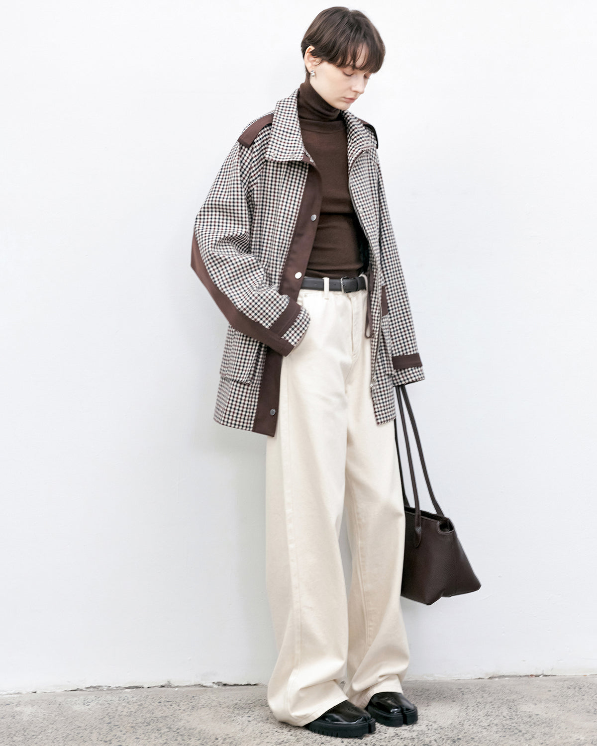 Contrast Panel Checkered Mid-Length Jacket