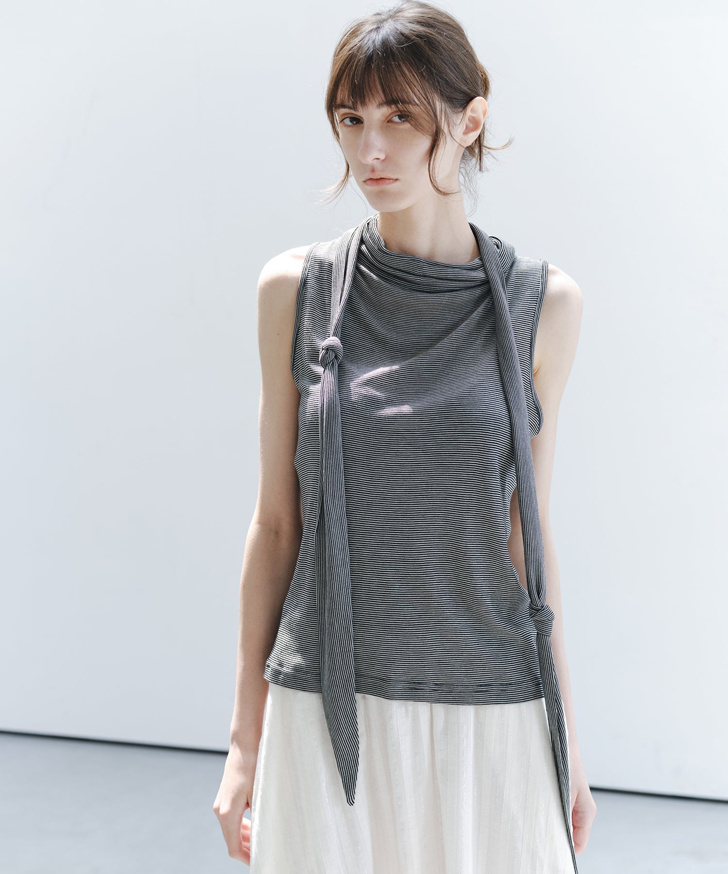 「7月上旬~中旬出荷」Tie Detail Striped Knit Top