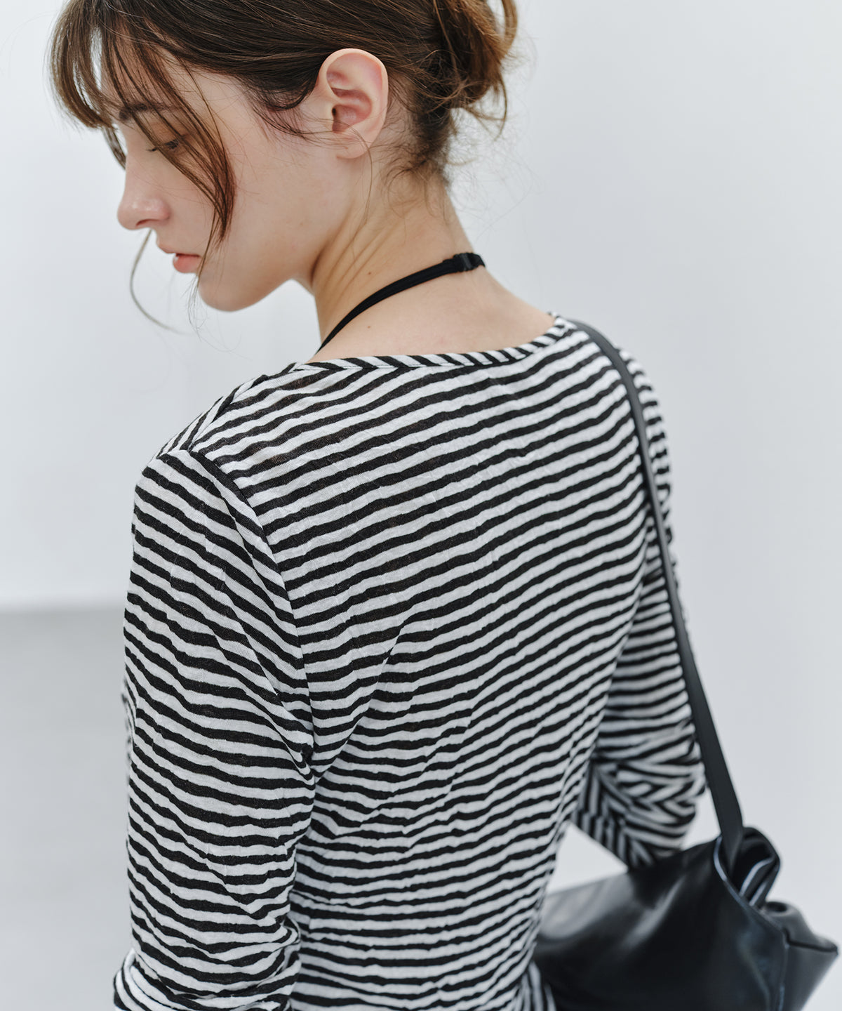 「9月下旬出荷予定」Cross Drape Neck Striped Long Sleeve Top