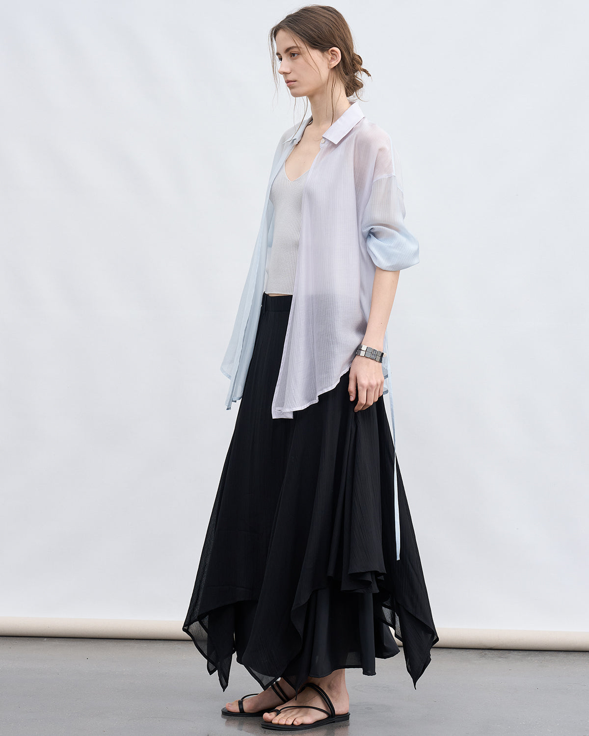Bi-color Asymmetric Neck Sheer Shirt