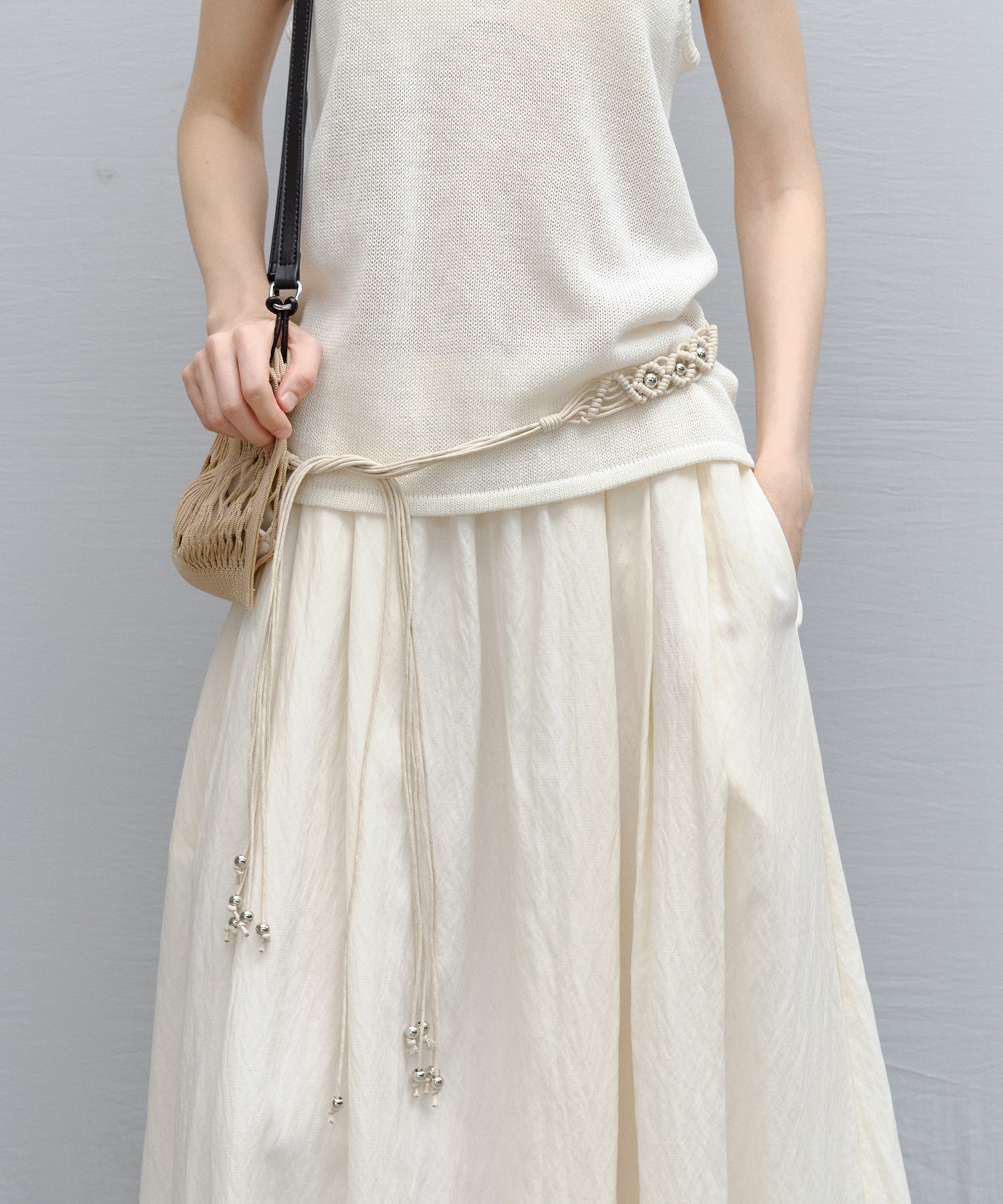 Braided Cord Slim Belt with Silver Beads