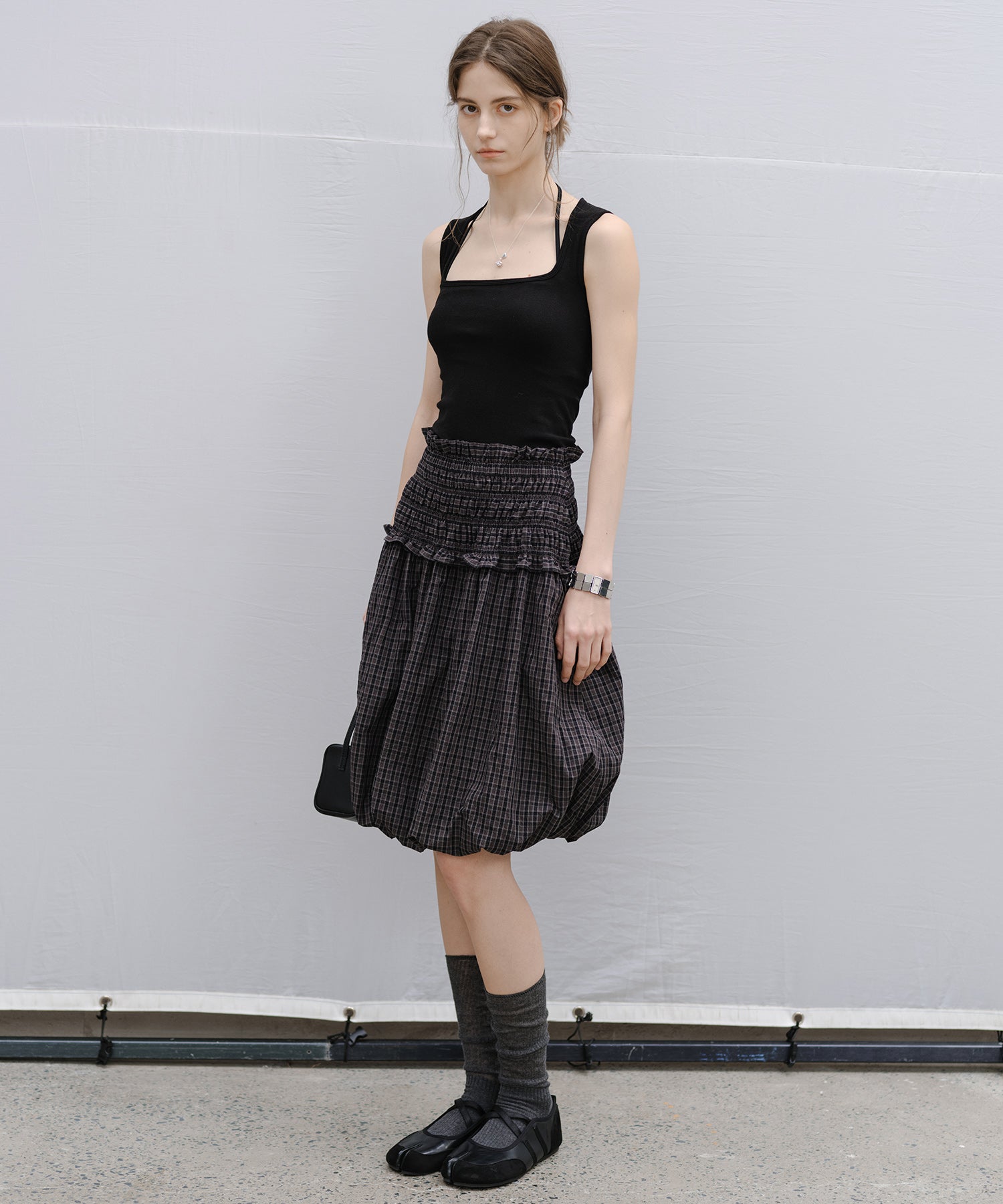 "Shipping from late February to early March" 2-way Smocked Check Bubble Skirt