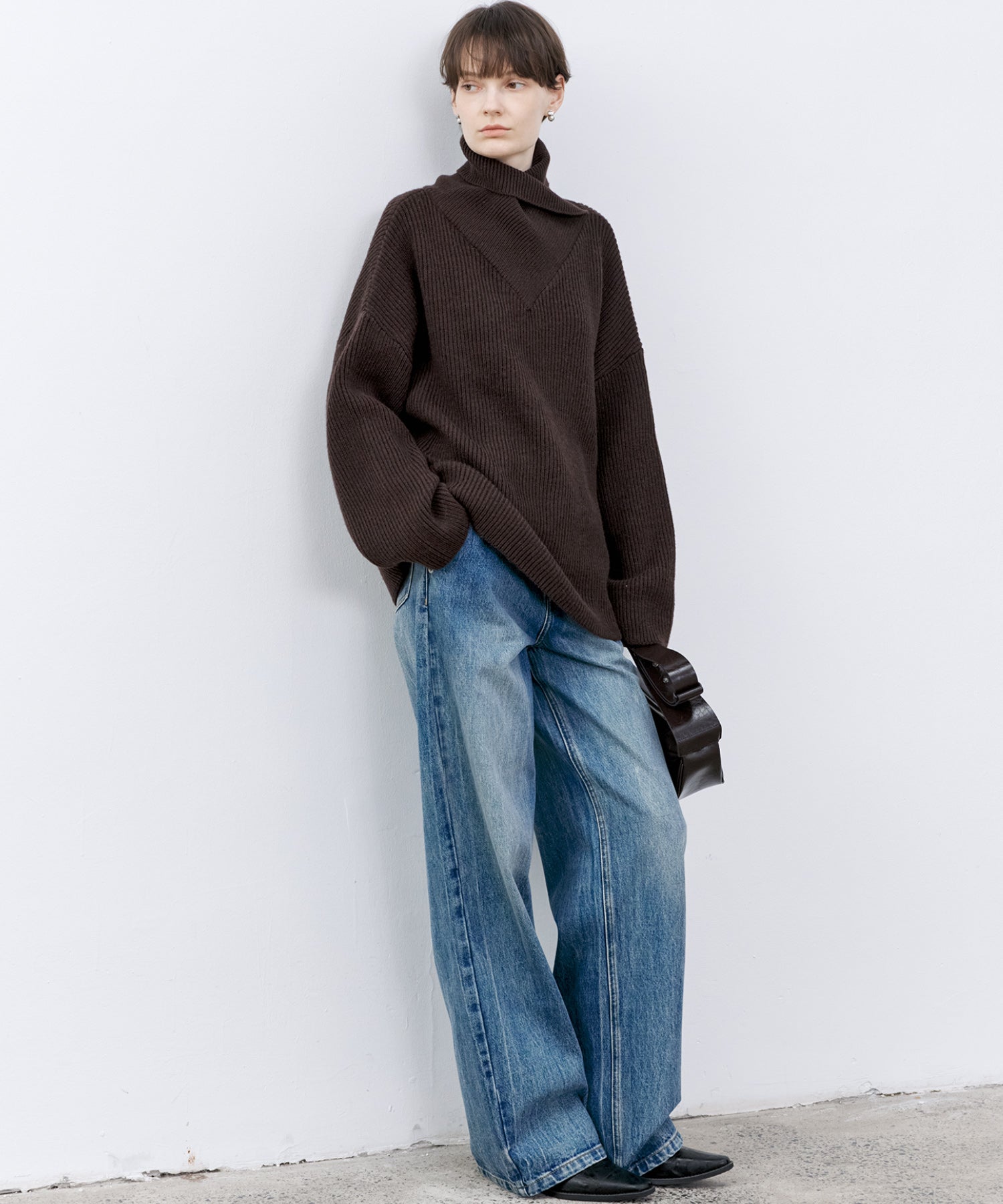 Relaxed Fit Wool-Blend Sweater with Crossed High Neck