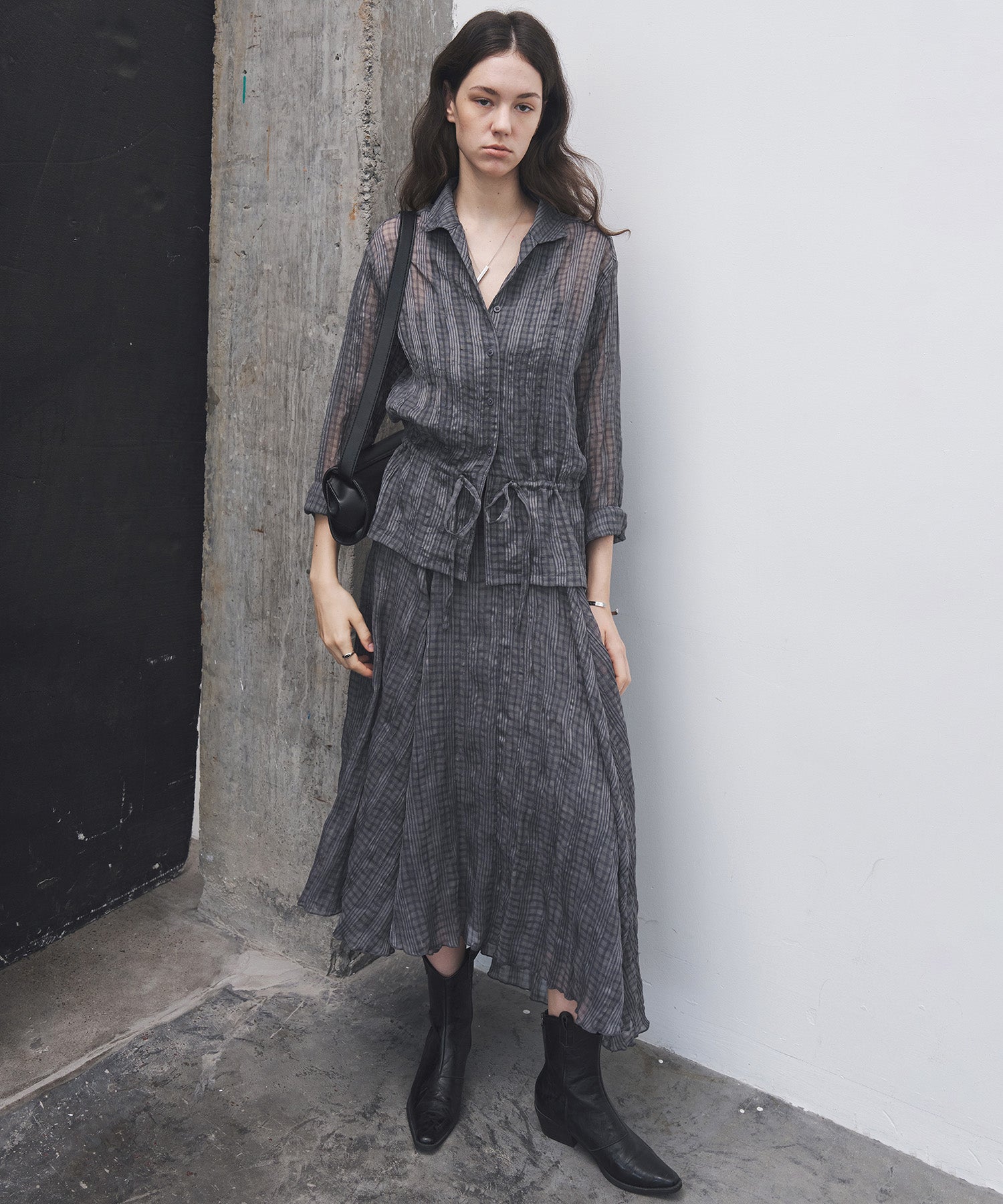 Asymmetric Hem Crinkled Check Midi Skirt – A-Line Silhouette