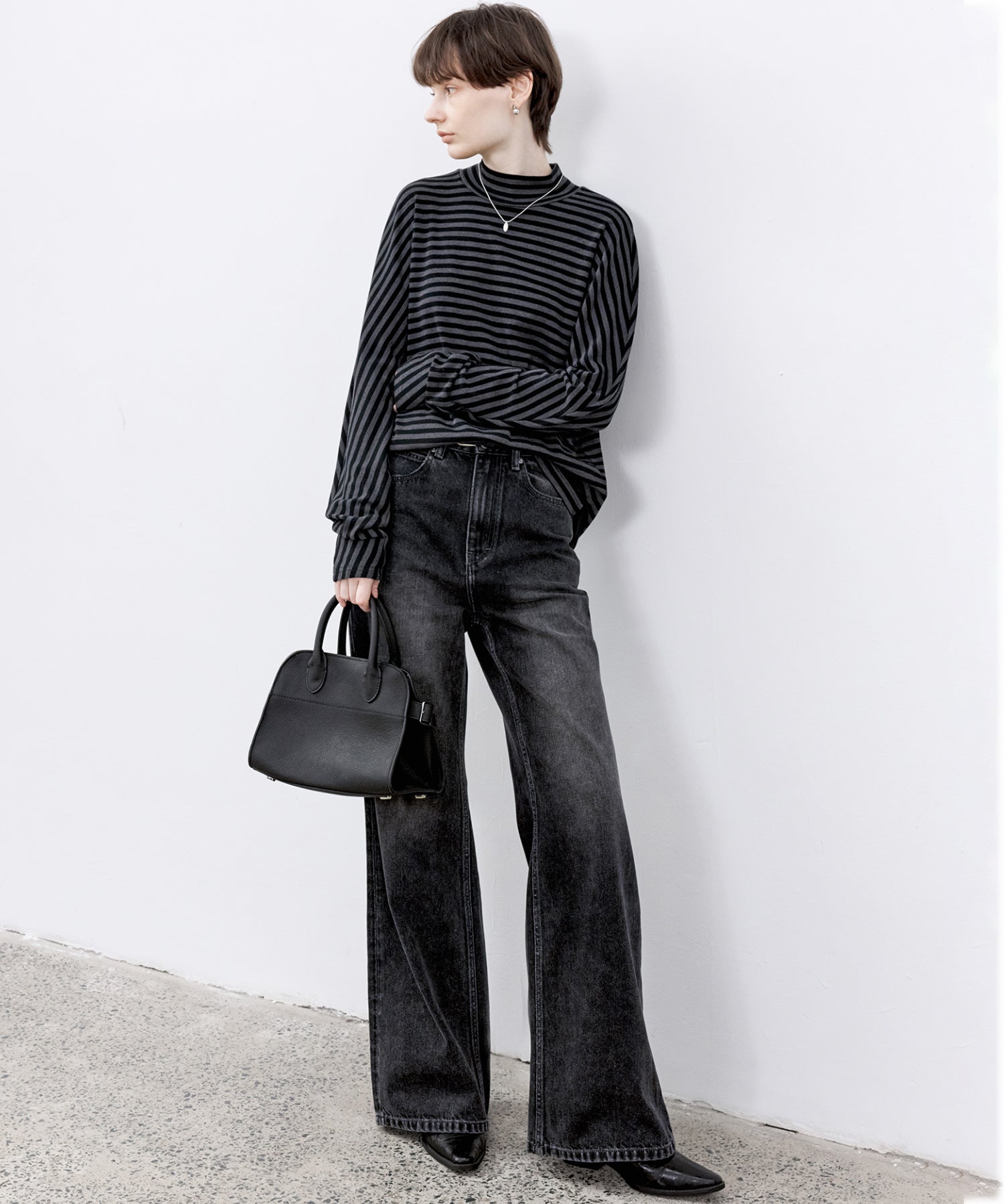 Wool Blend Striped Bihigh Neck Long Sleeve Tee