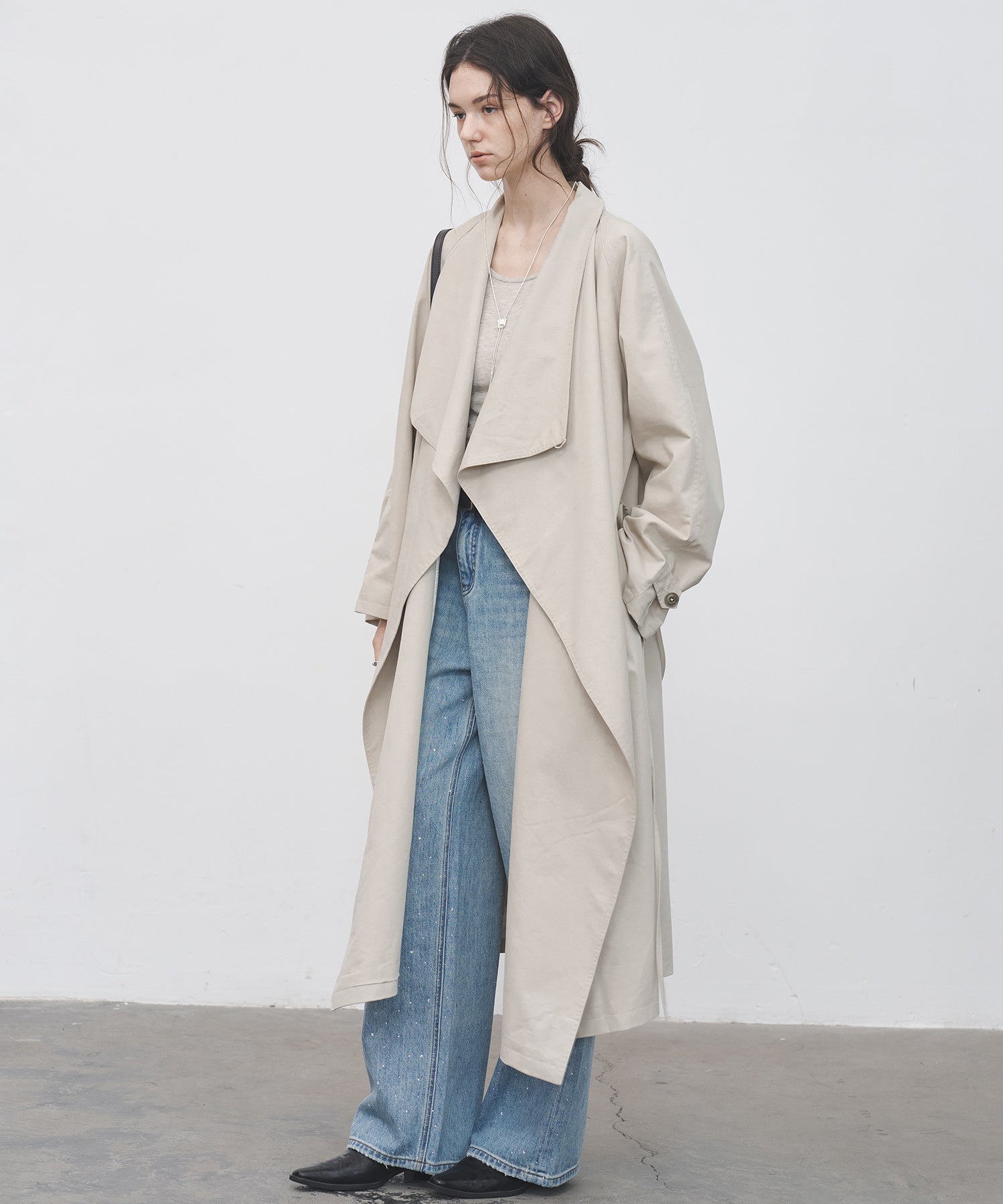 Layered Drape-Neck Trench Coat – Oversized Long Silhouette