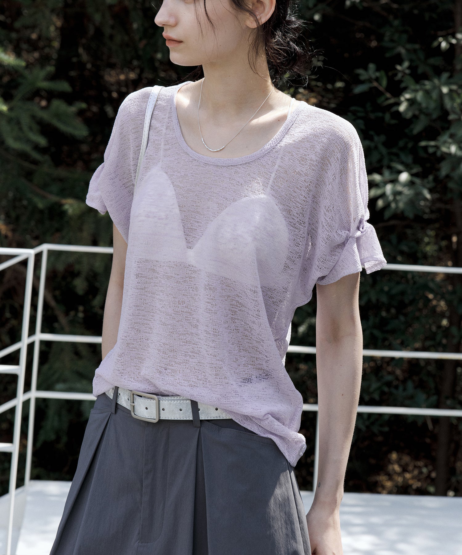 Sheer Gathered Sleeve T-Shirt