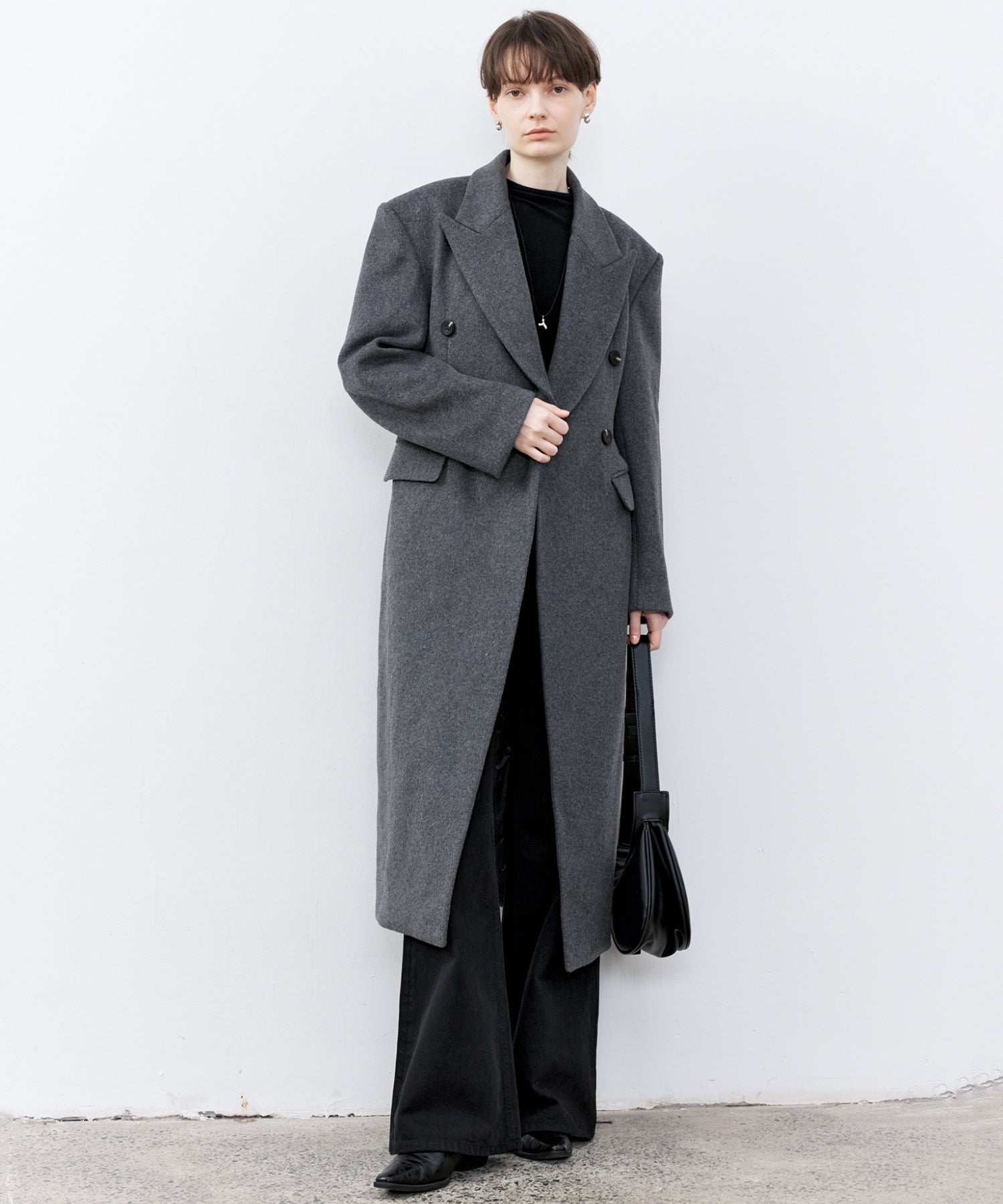 Structured Wool Long Coat with Padded Shoulders