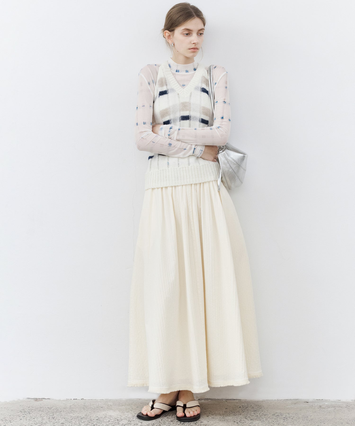 Fringe Panel Textured A-Line Maxi Skirt