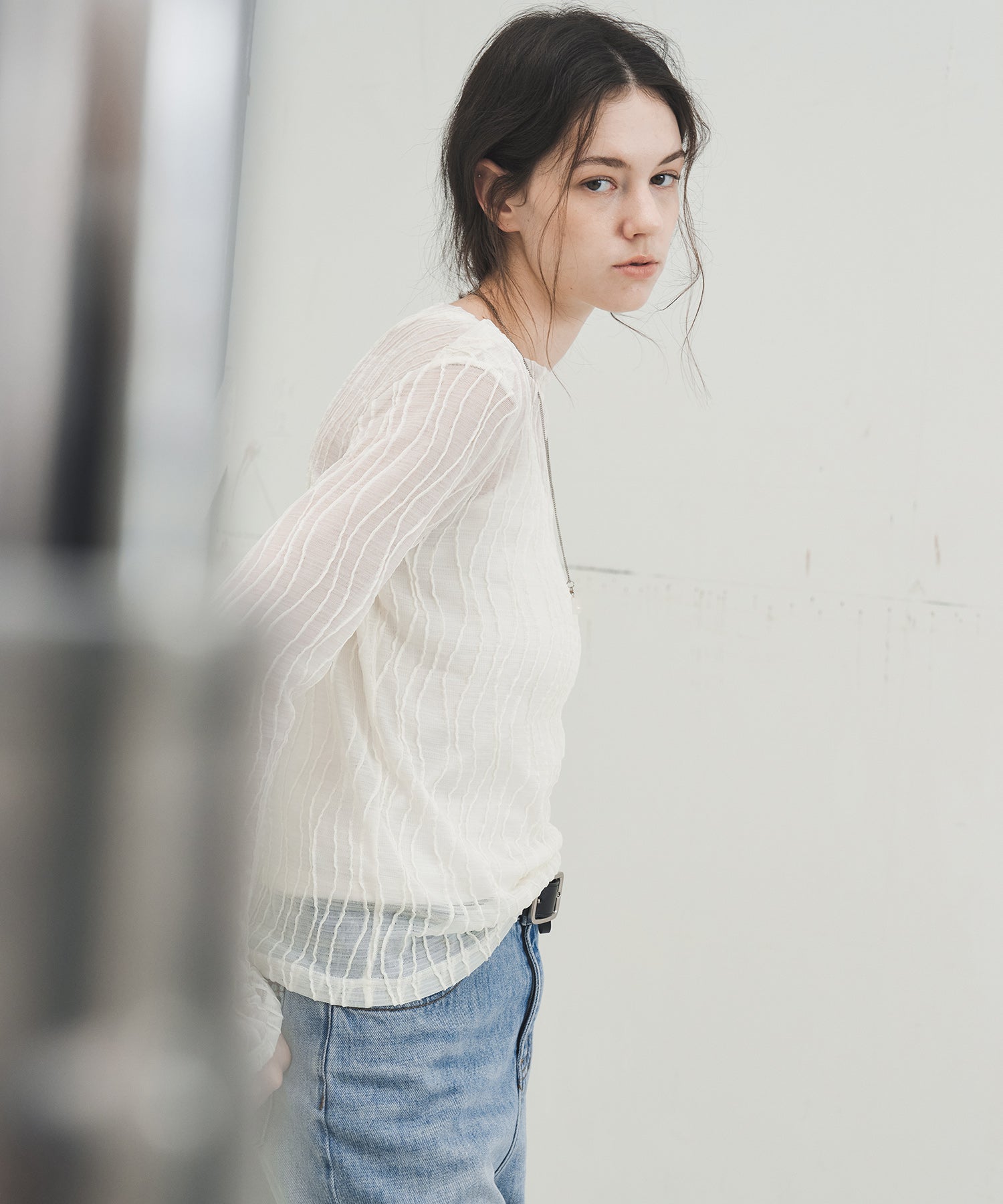 Jacquard Mesh Boat Neck Top – Sheer Long Sleeve Tee