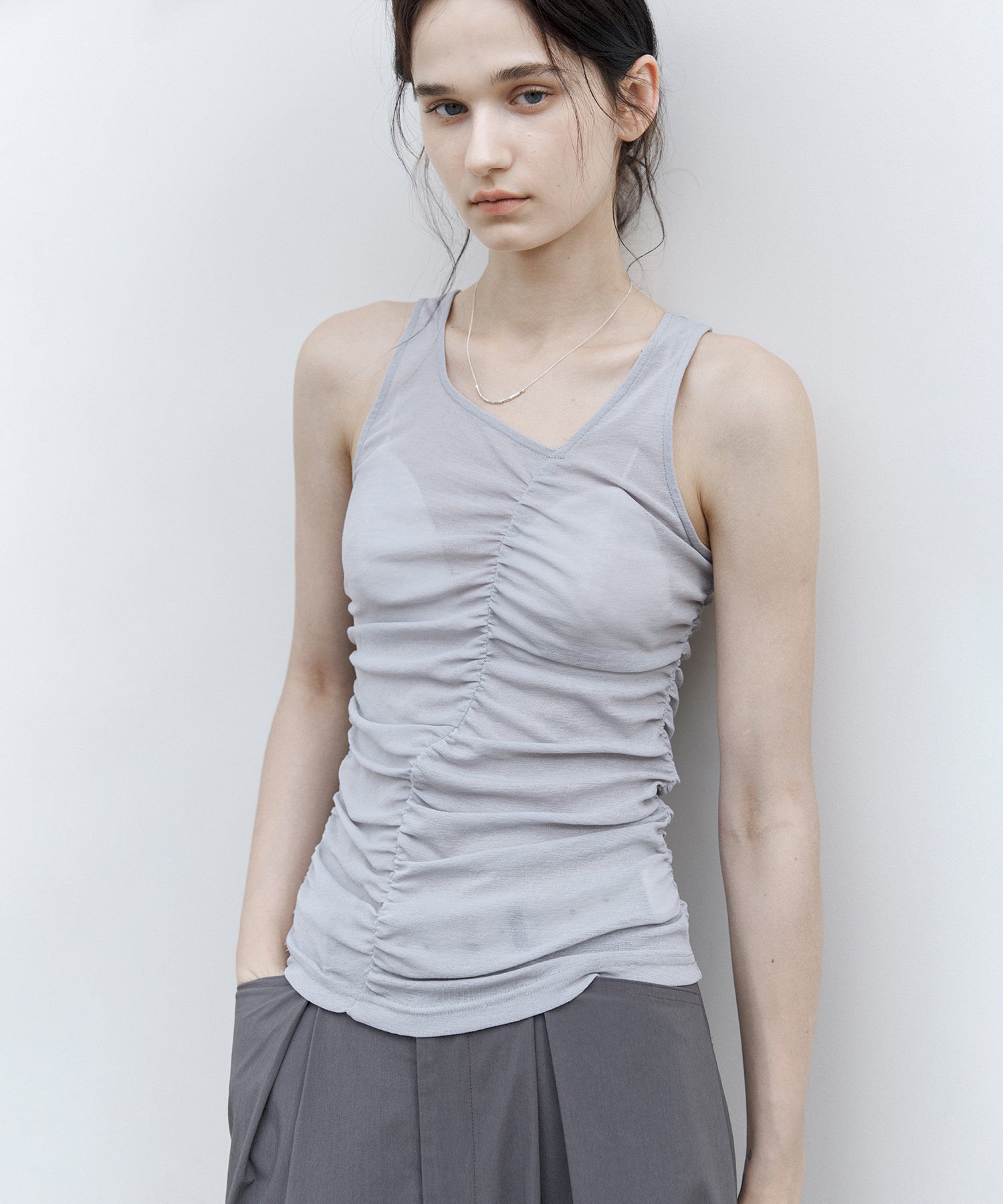 Asymmetric Gather Sheer Sleeveless Top