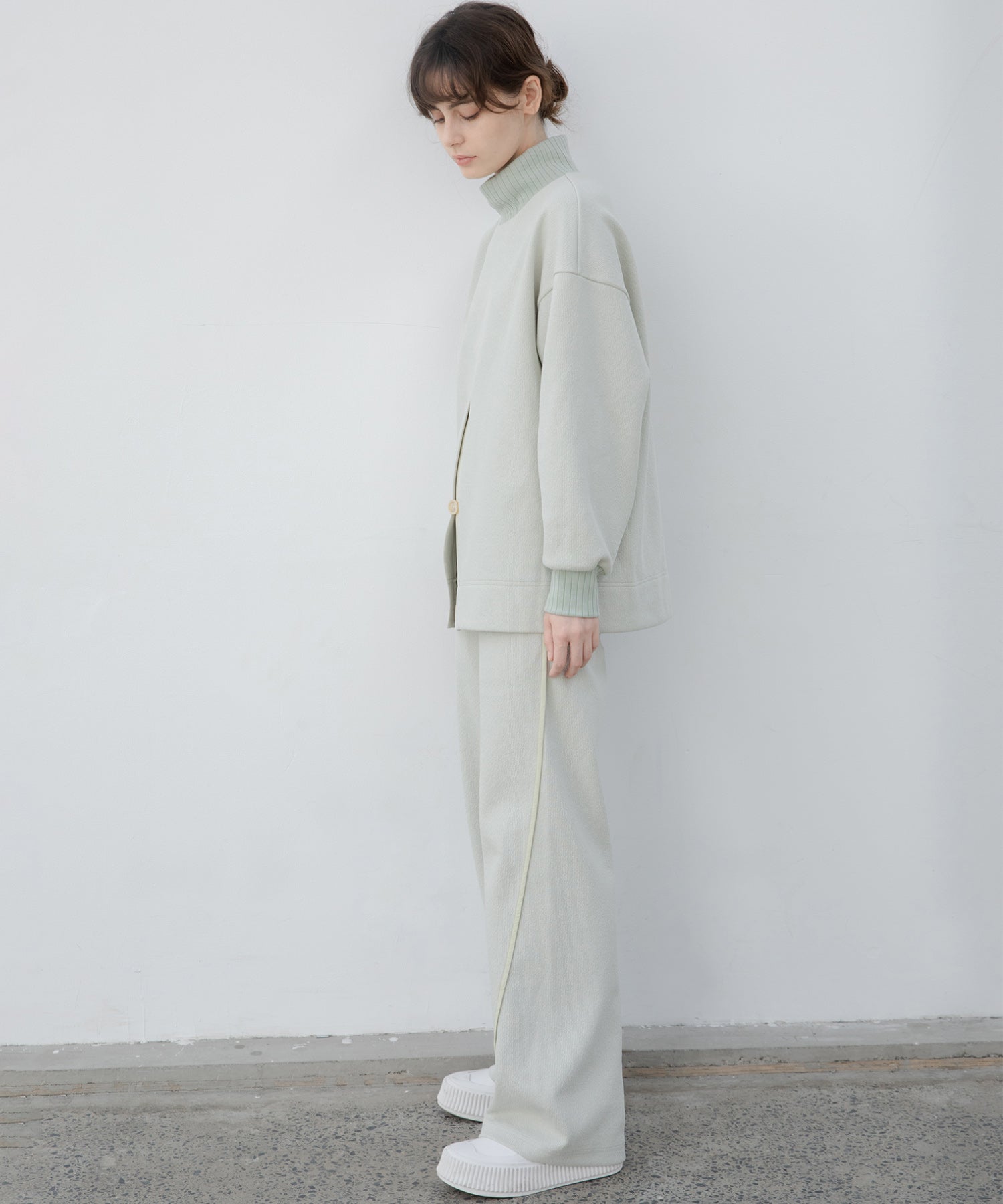 Front Slit High-Neck Jacquard Cut Top