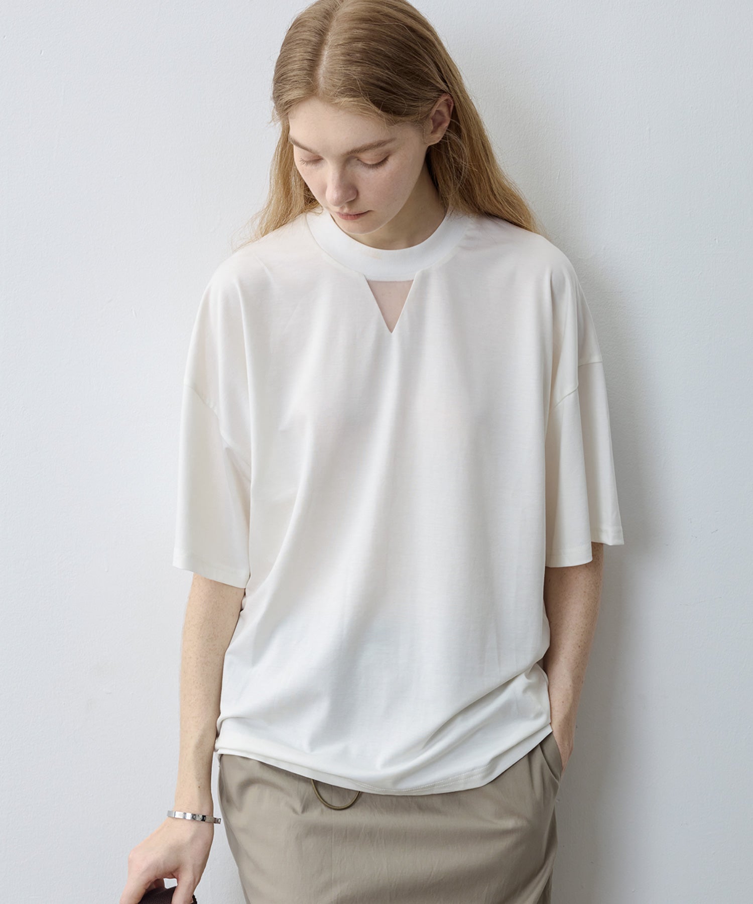 Oversize Contrast Sheer Docking T-Shirt/Tops