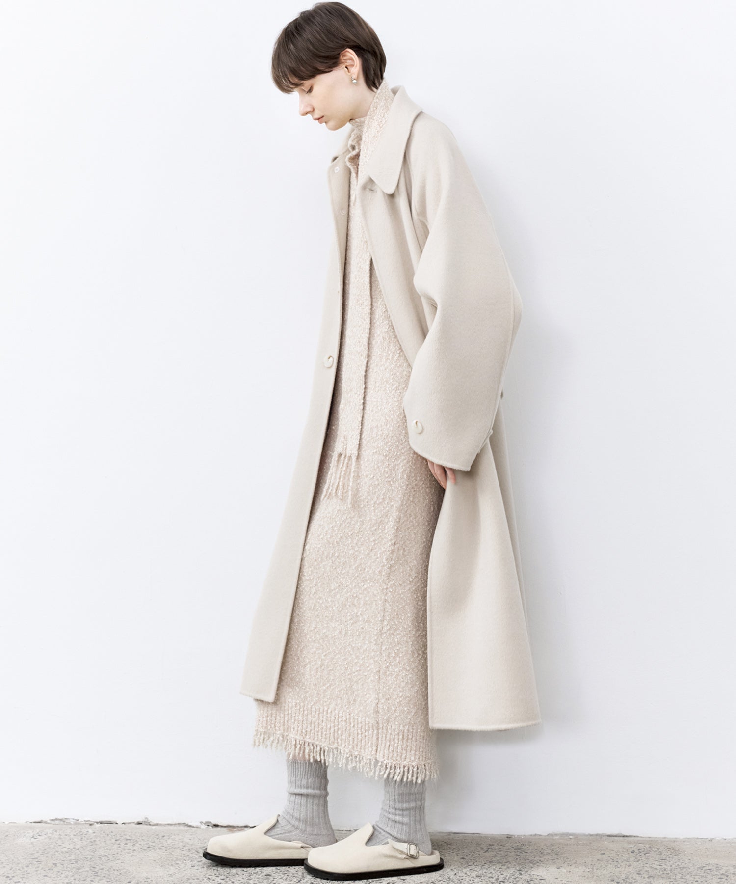 Tweed Like Knit Shirt Dress with Fringe Details