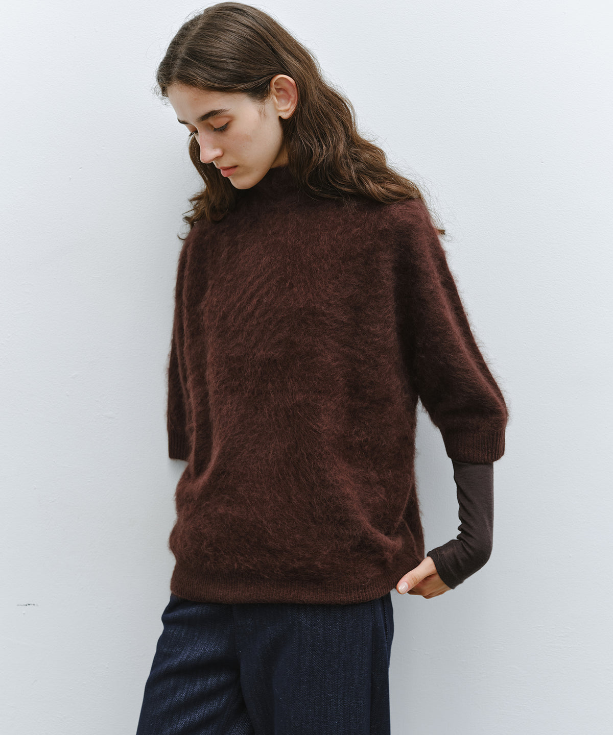 「10月下旬出荷予定」Brushed Cashmere-Blend Half Sleeve Knit Top