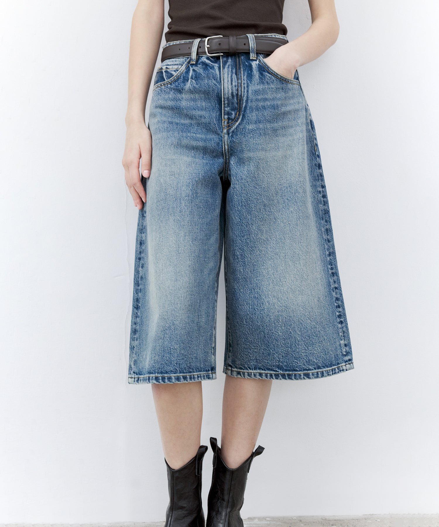 Washed Wide-Leg Denim Shorts