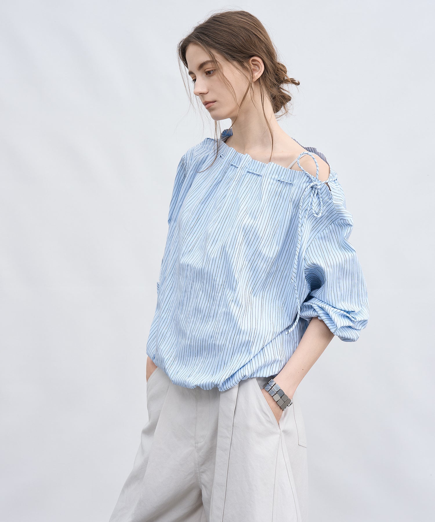 Asymmetric Off-Shoulder Drawstring Stripe Blouse