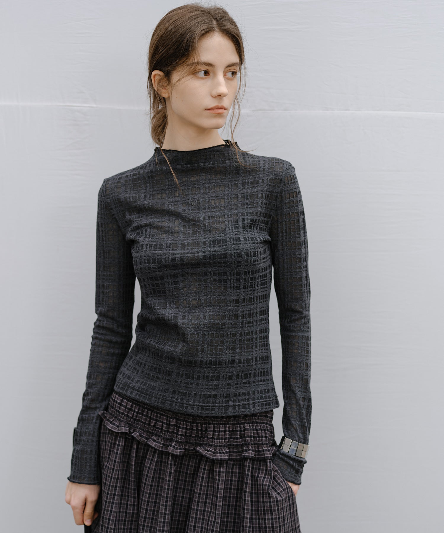 "Shipping from early to mid-March" Check Pattern Sheer Mesh Long Sleeve Top