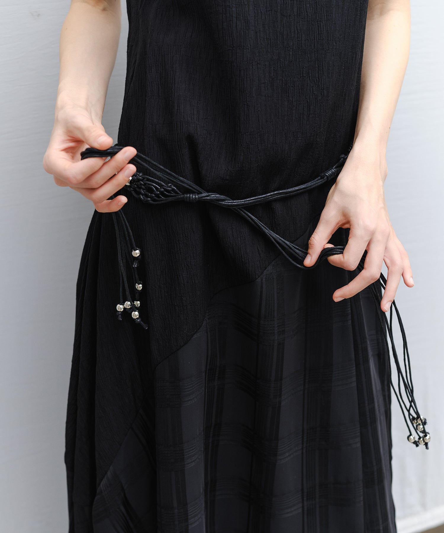 Braided Cord Slim Belt with Silver Beads