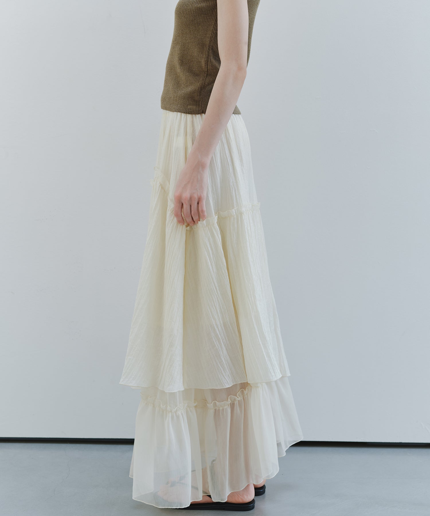 「7月上旬~中旬出荷」Sheer Panel Tiered Flare Skirt