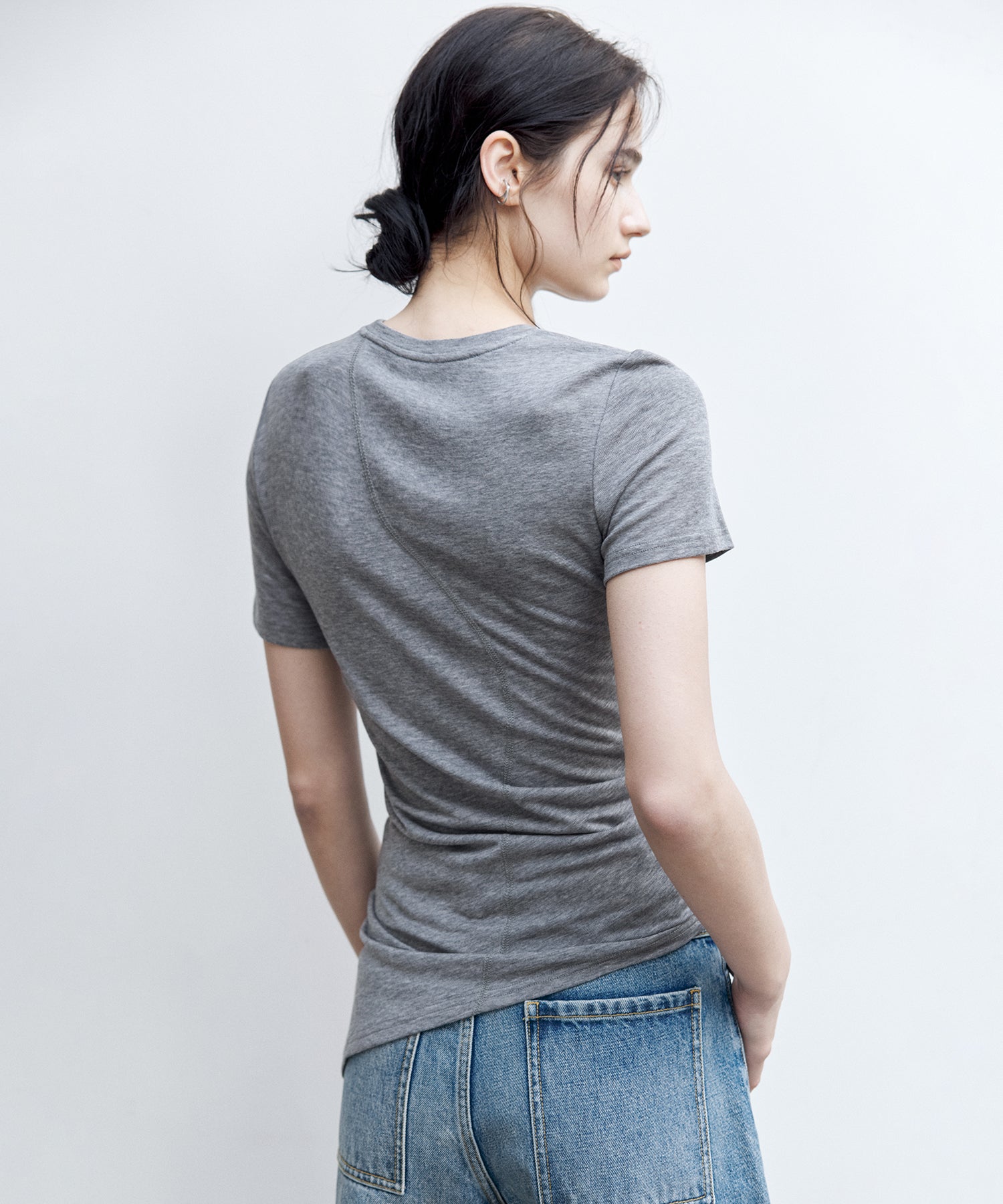 Asymmetric Hem Fitted T-Shirt in Lyocell Blend
