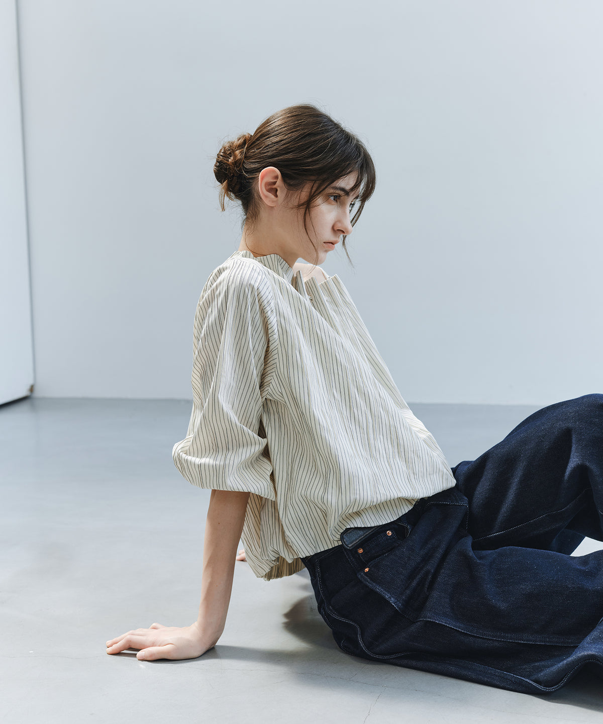 Asymmetric Off-Shoulder Drawstring Stripe Blouse
