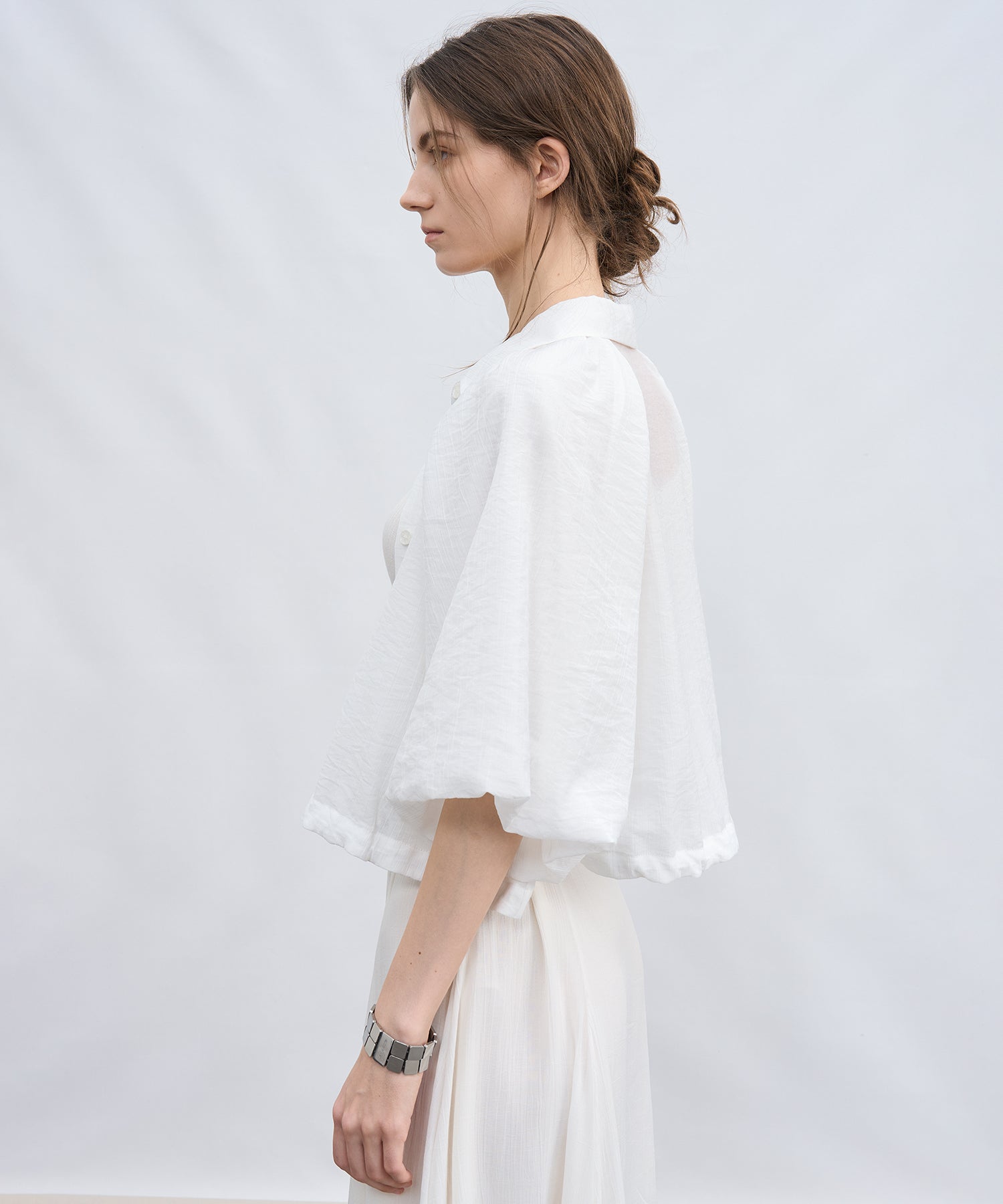 「7月上旬~中旬出荷」Sheer Stripe Balloon Sleeve Cropped Shirt