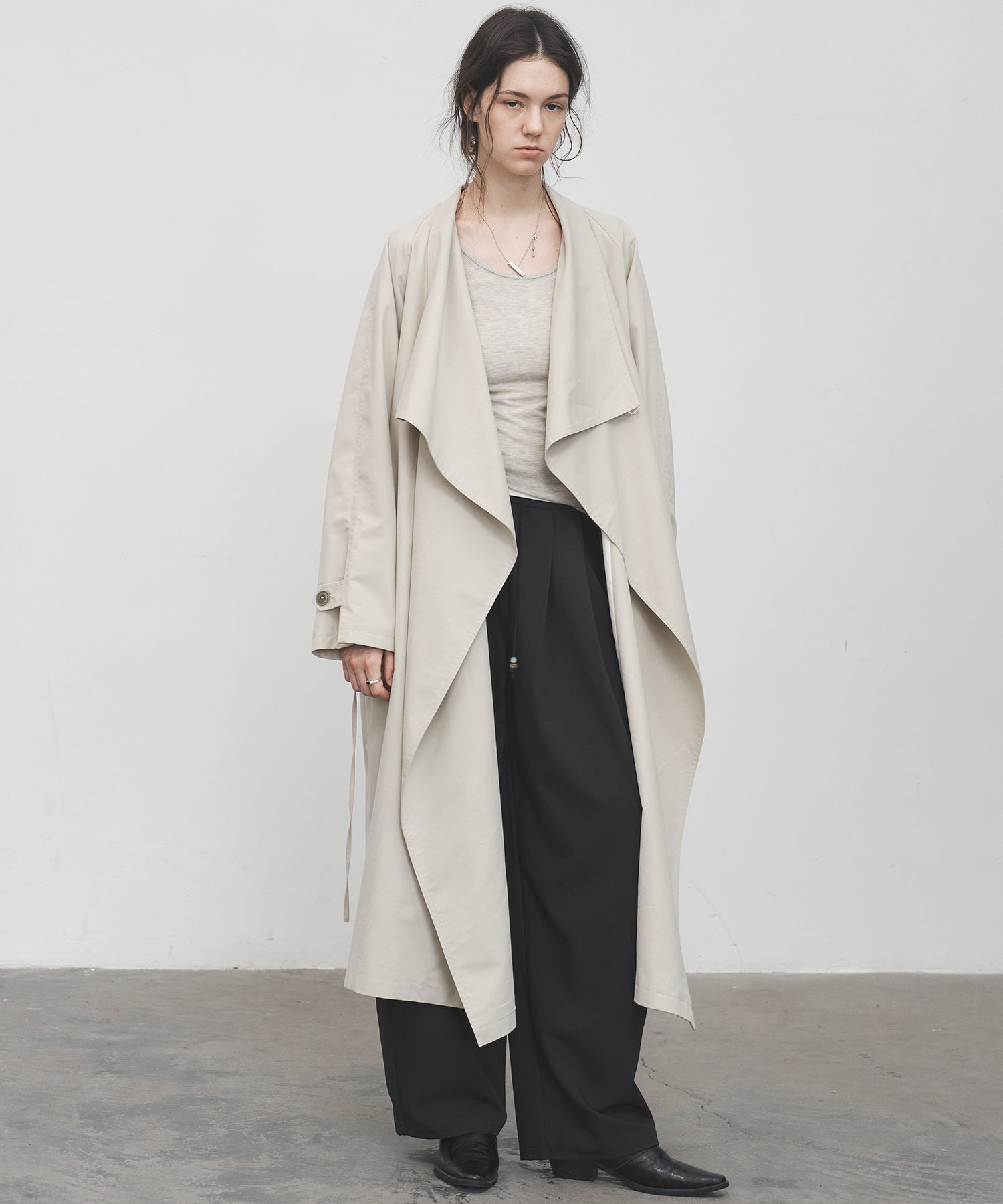 Layered Drape-Neck Trench Coat – Oversized Long Silhouette