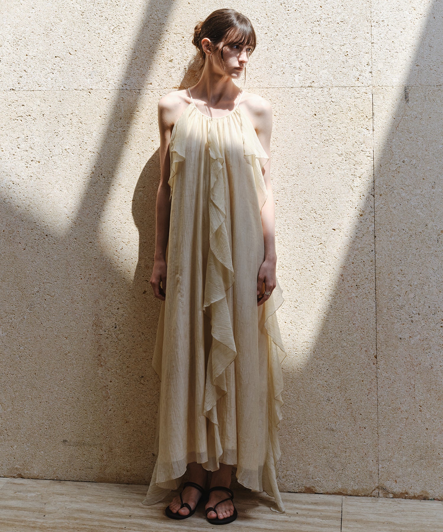 「7月中旬~下旬出荷」Sheer Ruffle Asymmetric Cami Dress
