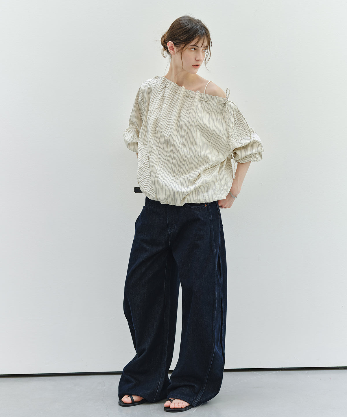 Asymmetric Off-Shoulder Drawstring Stripe Blouse