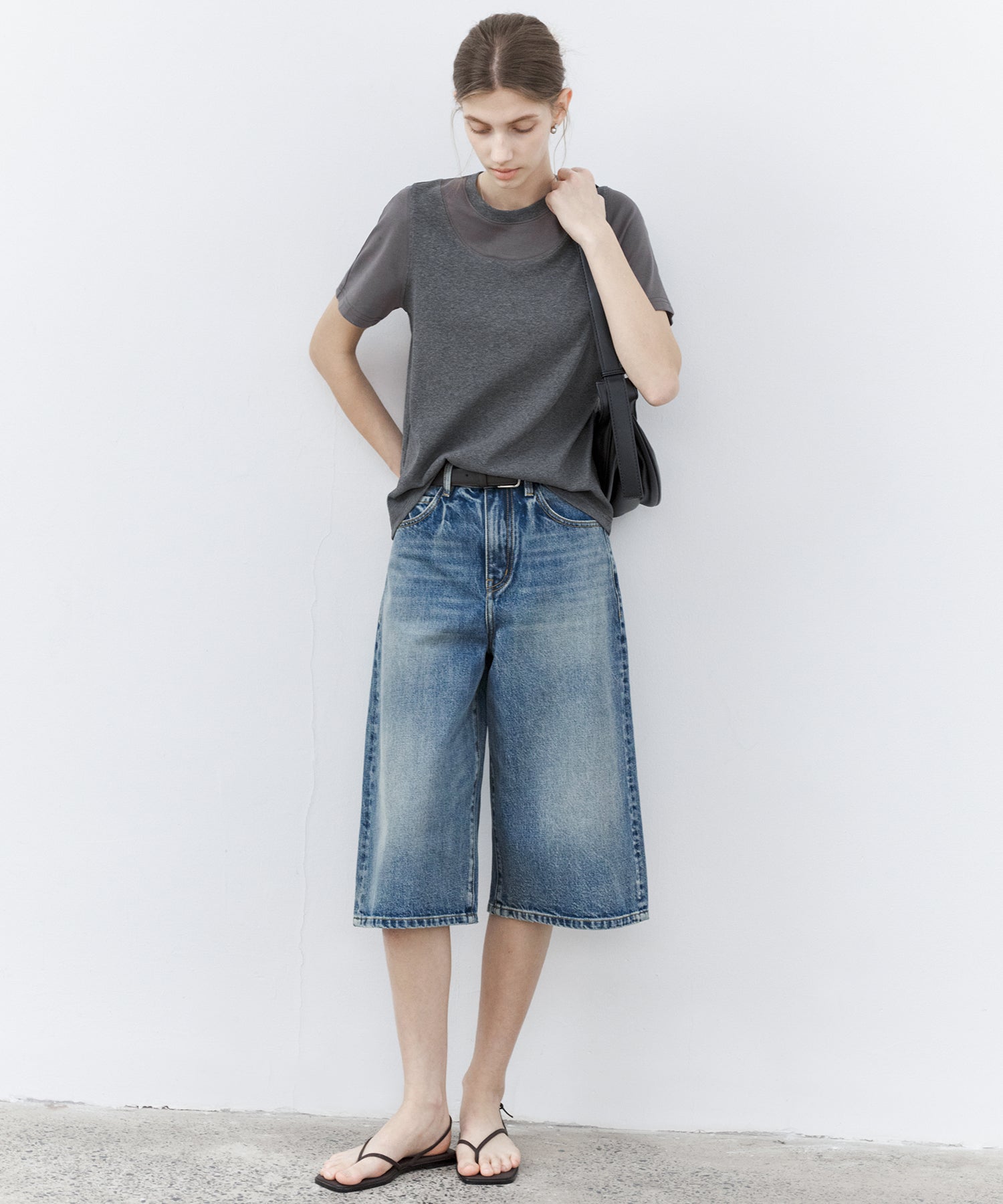 Washed Wide-Leg Denim Shorts