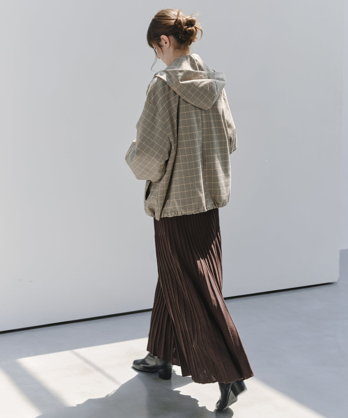 「10月下旬出荷予定」Checked Drawstring Hooded Short Jacket