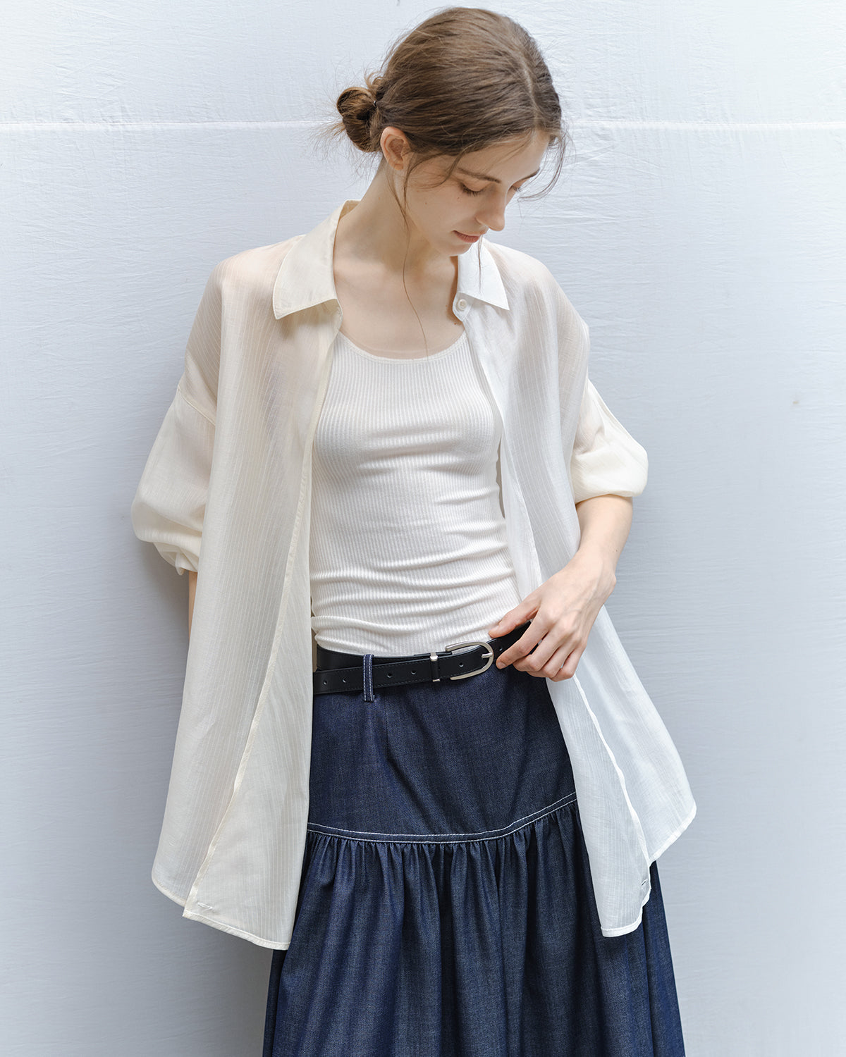 Bi-color Asymmetric Neck Sheer Shirt