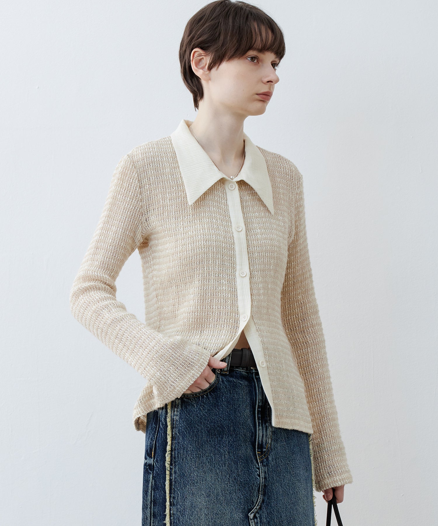 Two-Tone Openwork Knit Shirt Blouse