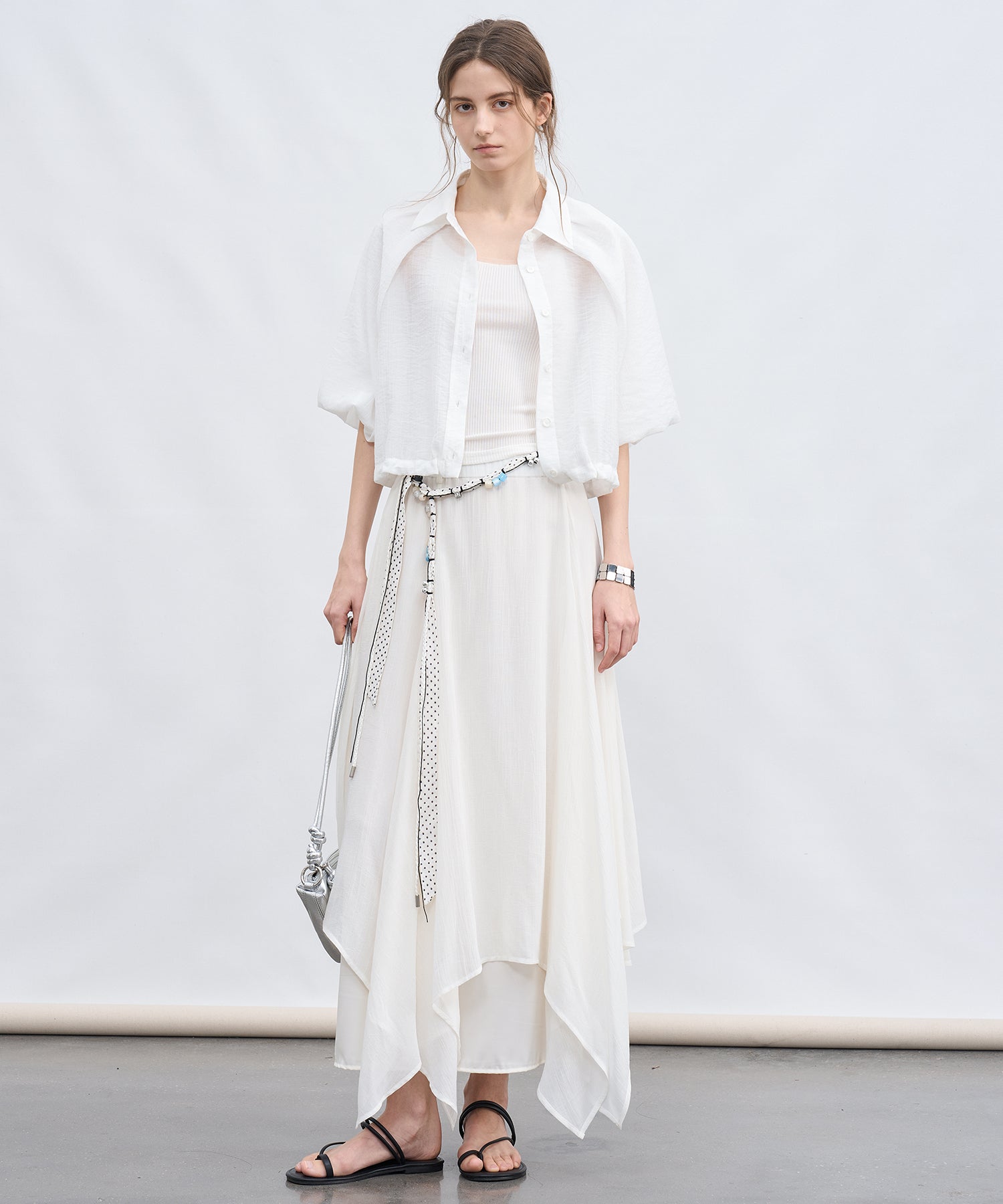 「7月上旬~中旬出荷」Sheer Stripe Balloon Sleeve Cropped Shirt